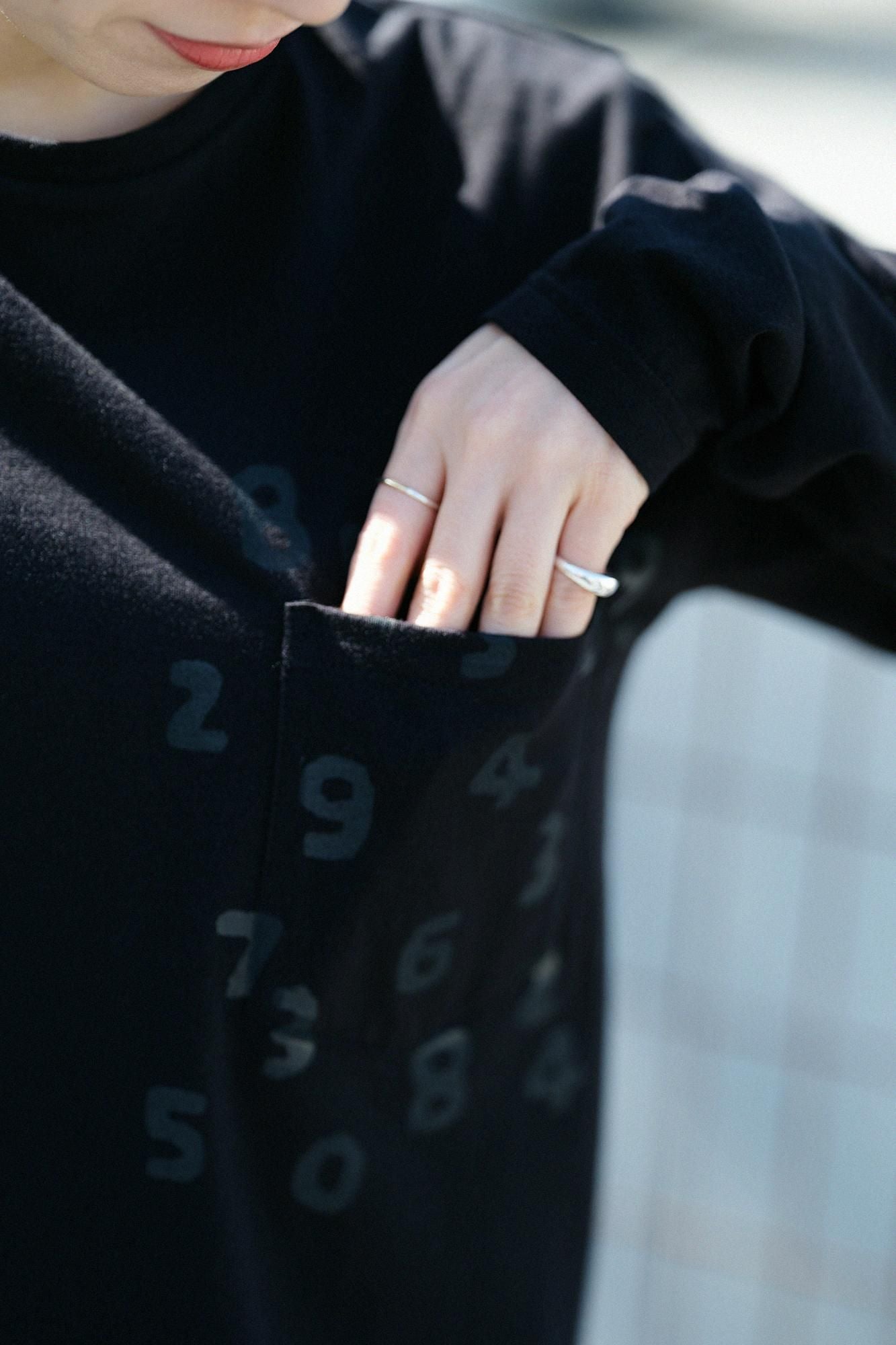 30單線 高密度平針織長袖口袋T-shirt /黑色