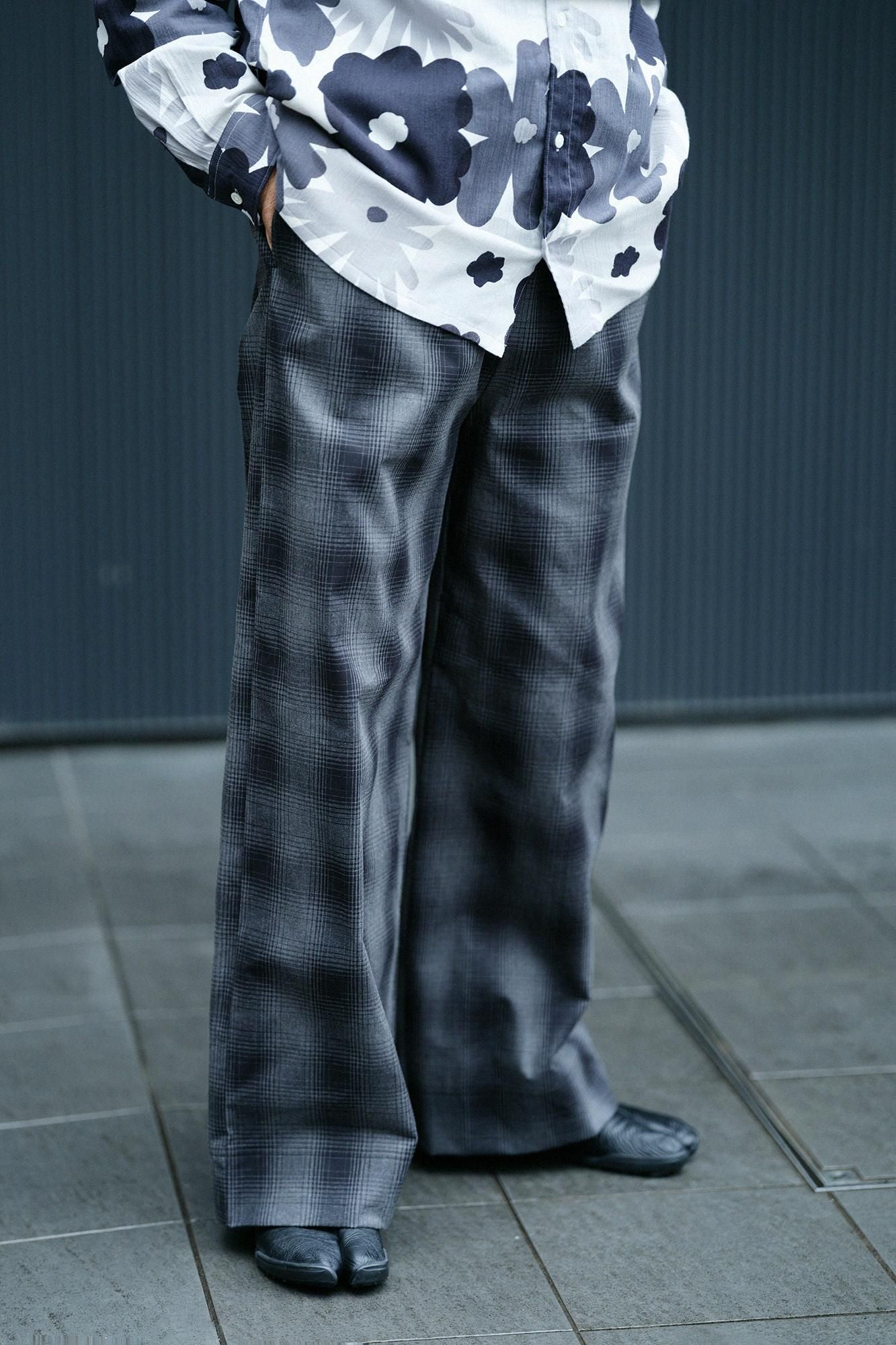 高密度防絨布 闊腿褲/暗藍色霞格紋