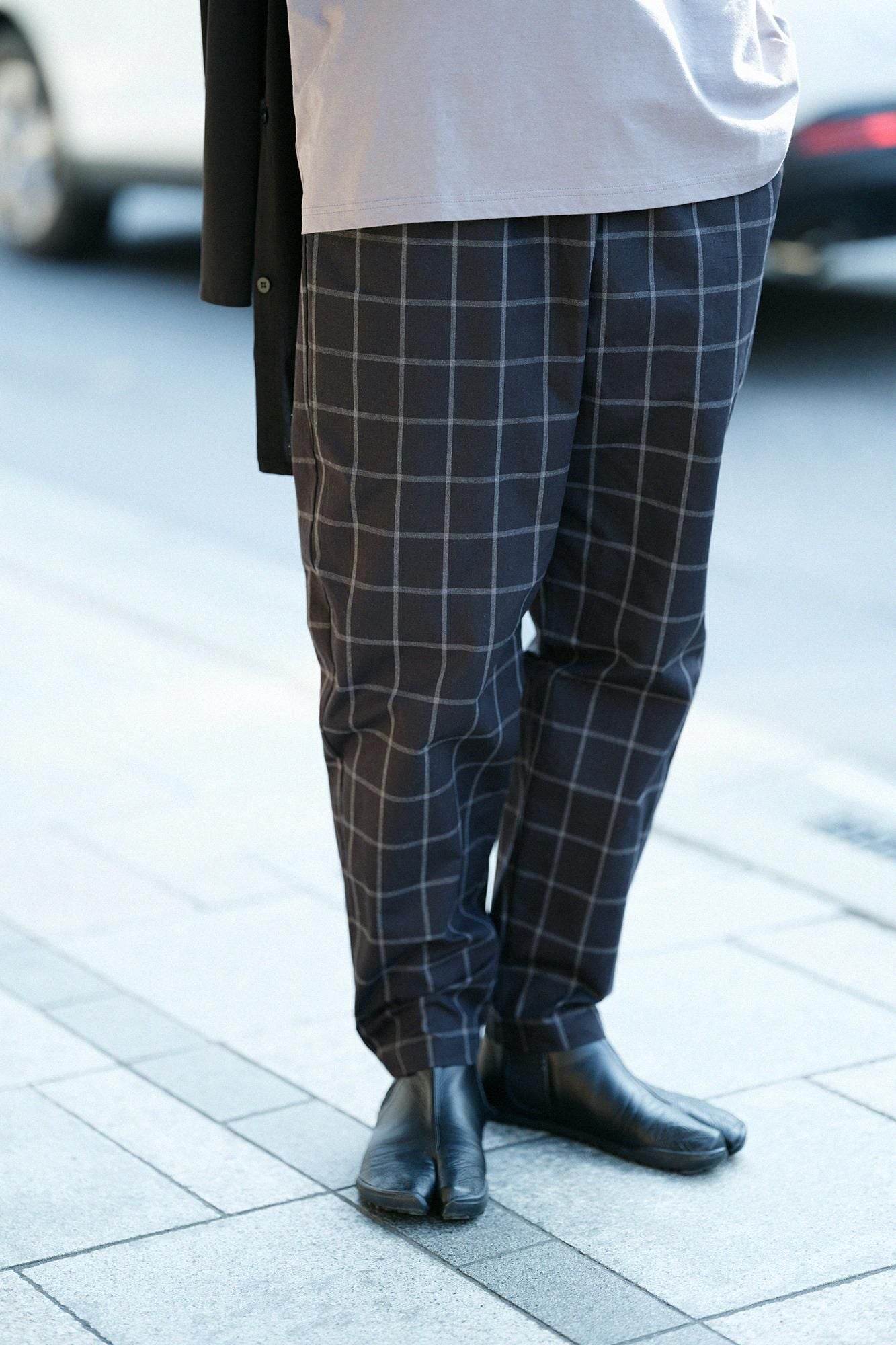 【online한정】덤프루프 이지 테이퍼드 팬츠/Nuryu 격자 (포장)