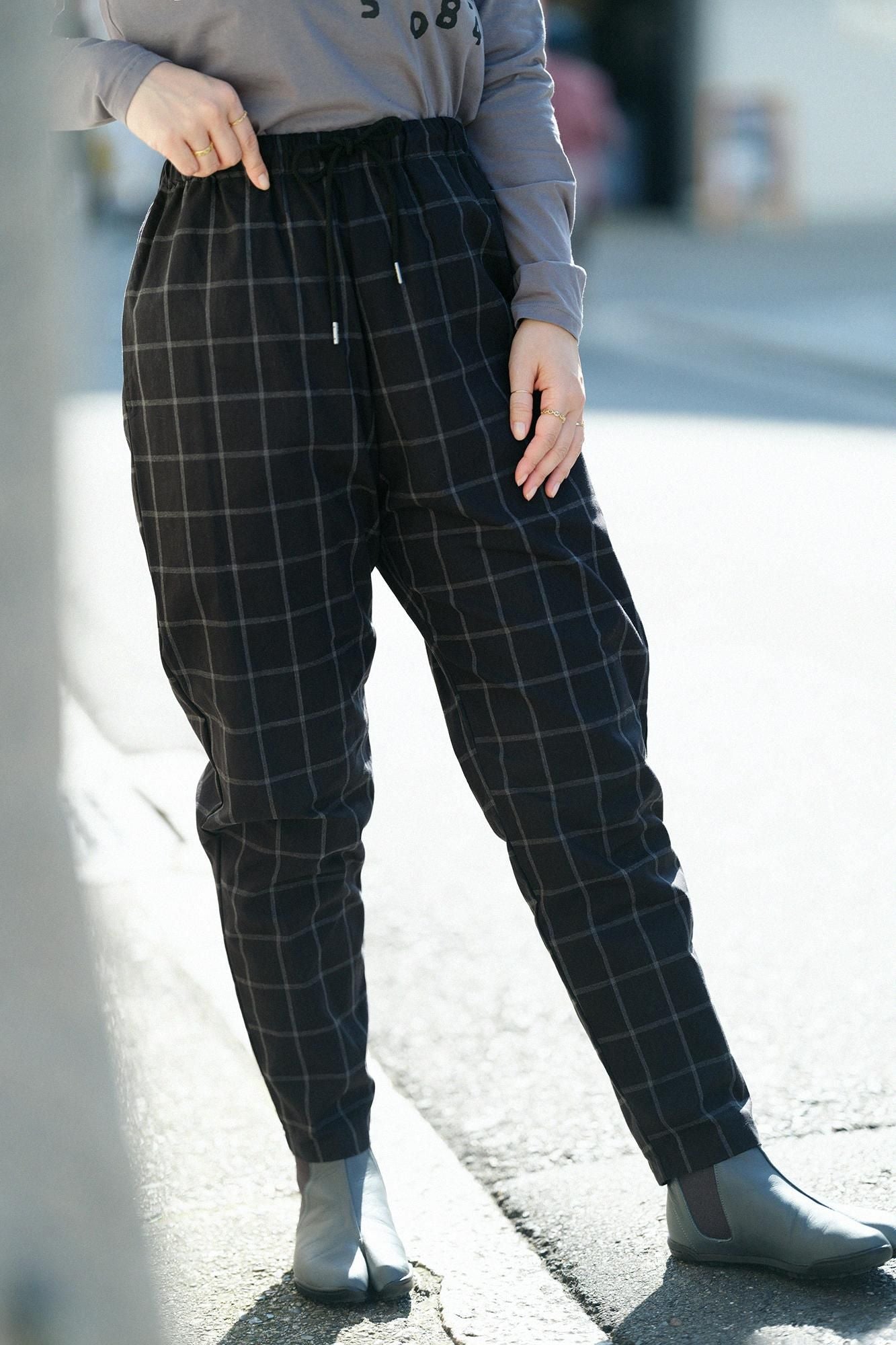 【online한정】덤프루프 이지 테이퍼드 팬츠/Nuryu 격자 (포장)