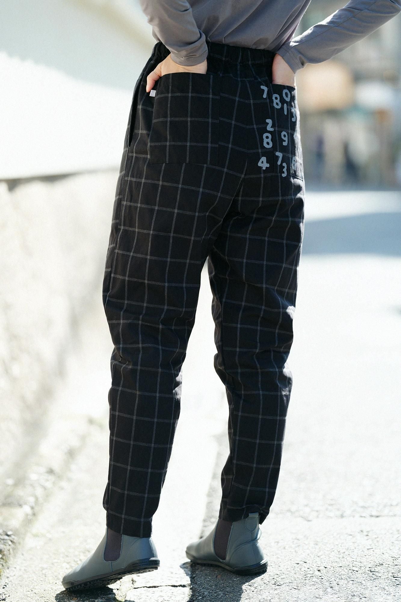 【online한정】덤프루프 이지 테이퍼드 팬츠/Nuryu 격자 (포장)