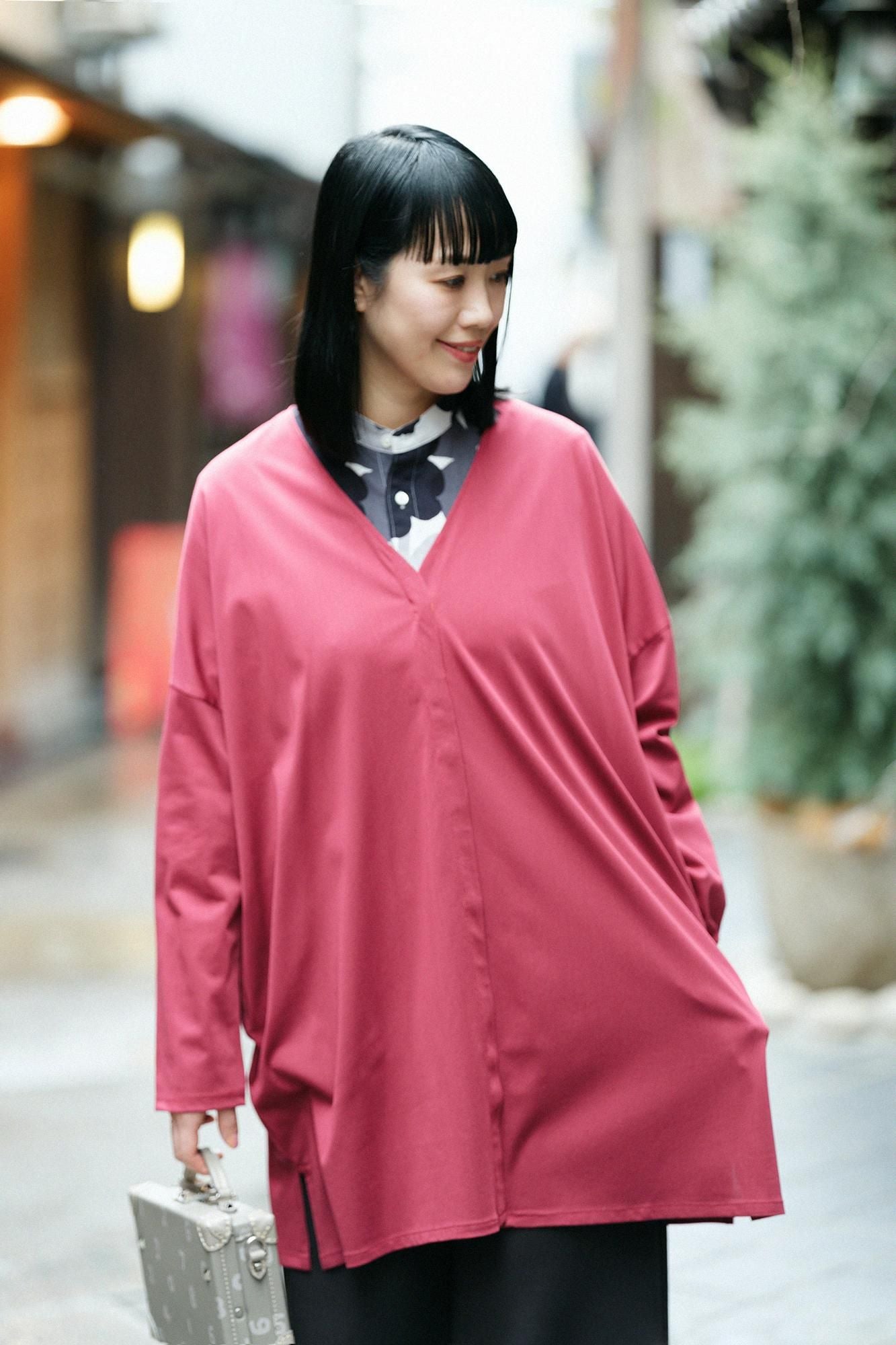 코튼 트리아세테이트 V넥 빛튜닉가디건/붉은 녹 색 (빨간 녹)