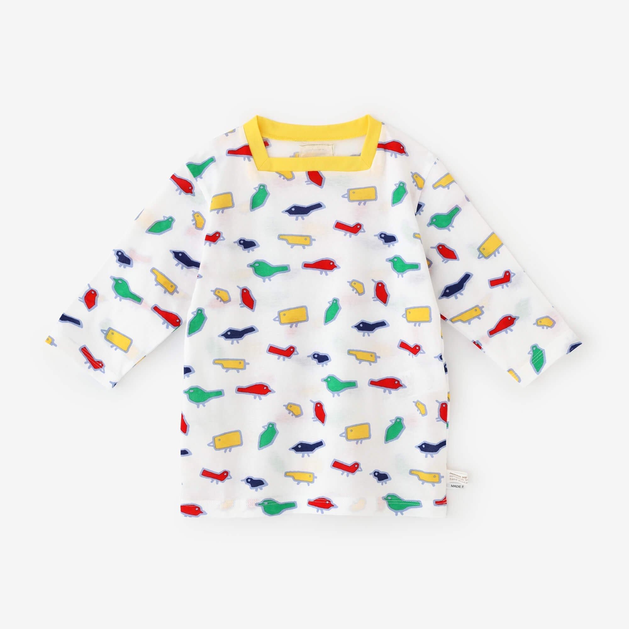 ●方領上衣七分袖/彩色小鳥