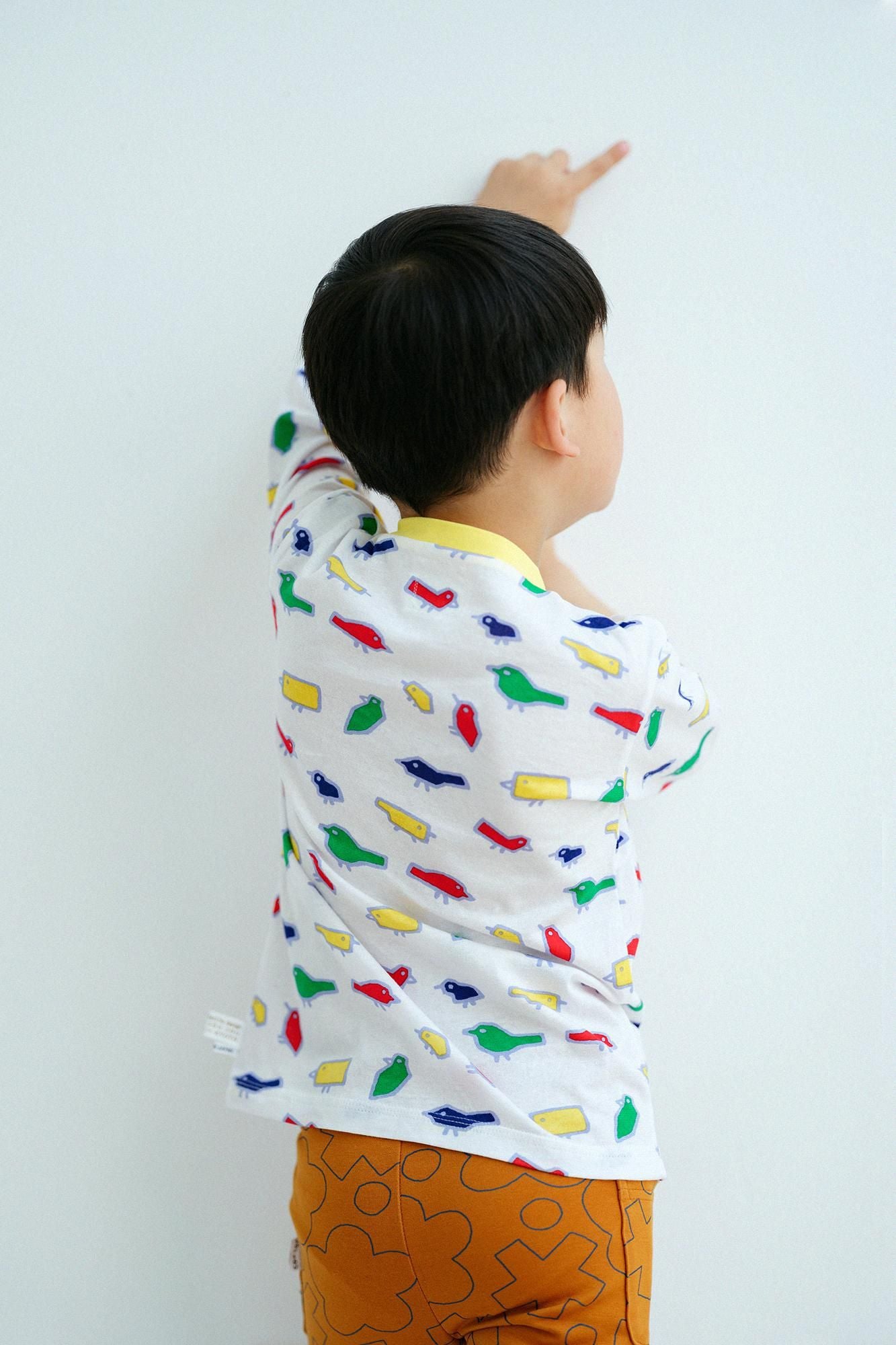 ●方領上衣七分袖/彩色小鳥