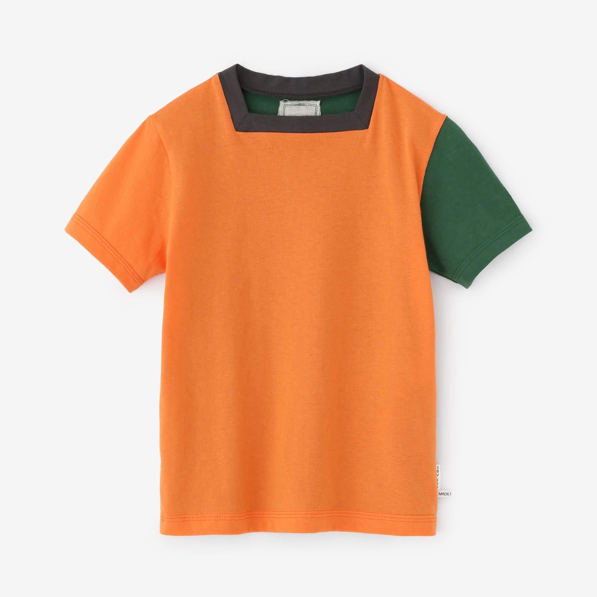 ● Square Neck T-shirt Bi-color / Orange × Deep Green