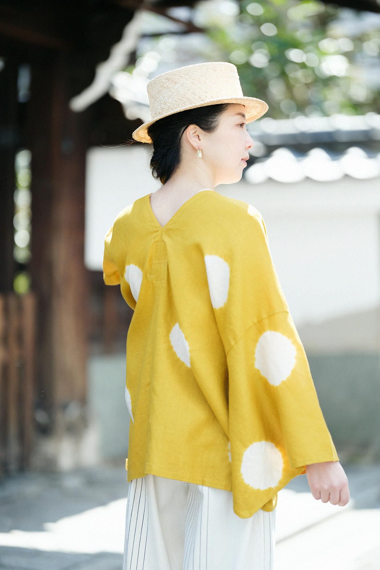 【net limited】Konsei Tie-dye Linen Hatsuki Cardigan/Large Polka Dots Mustard Color(presentsWhite)×Creamy-white(Ne(color)