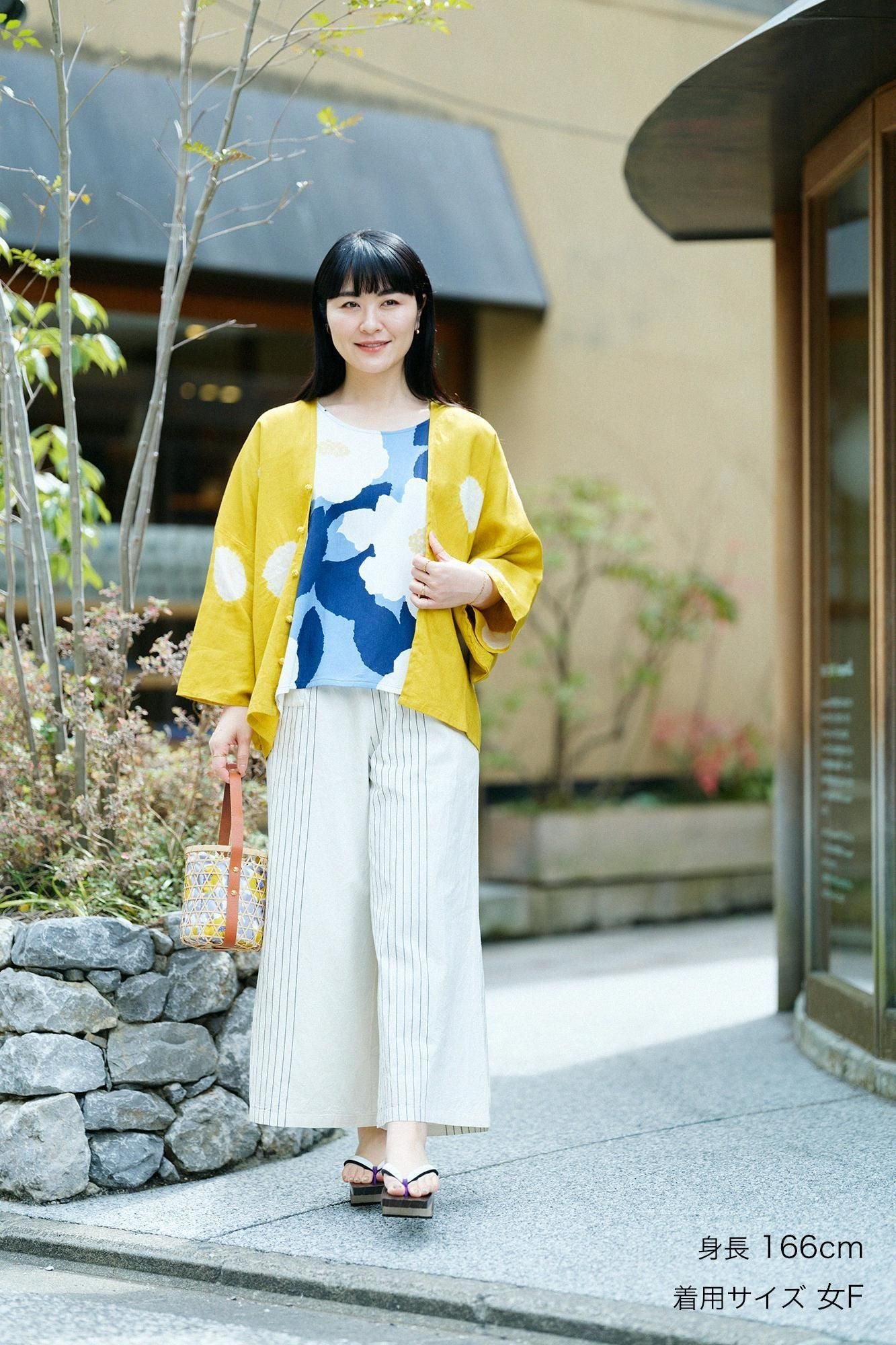 【net limited】Konsei Tie-dye Linen Hatsuki Cardigan/Large Polka Dots Mustard Color(presentsWhite)×Creamy-white(Ne(color)