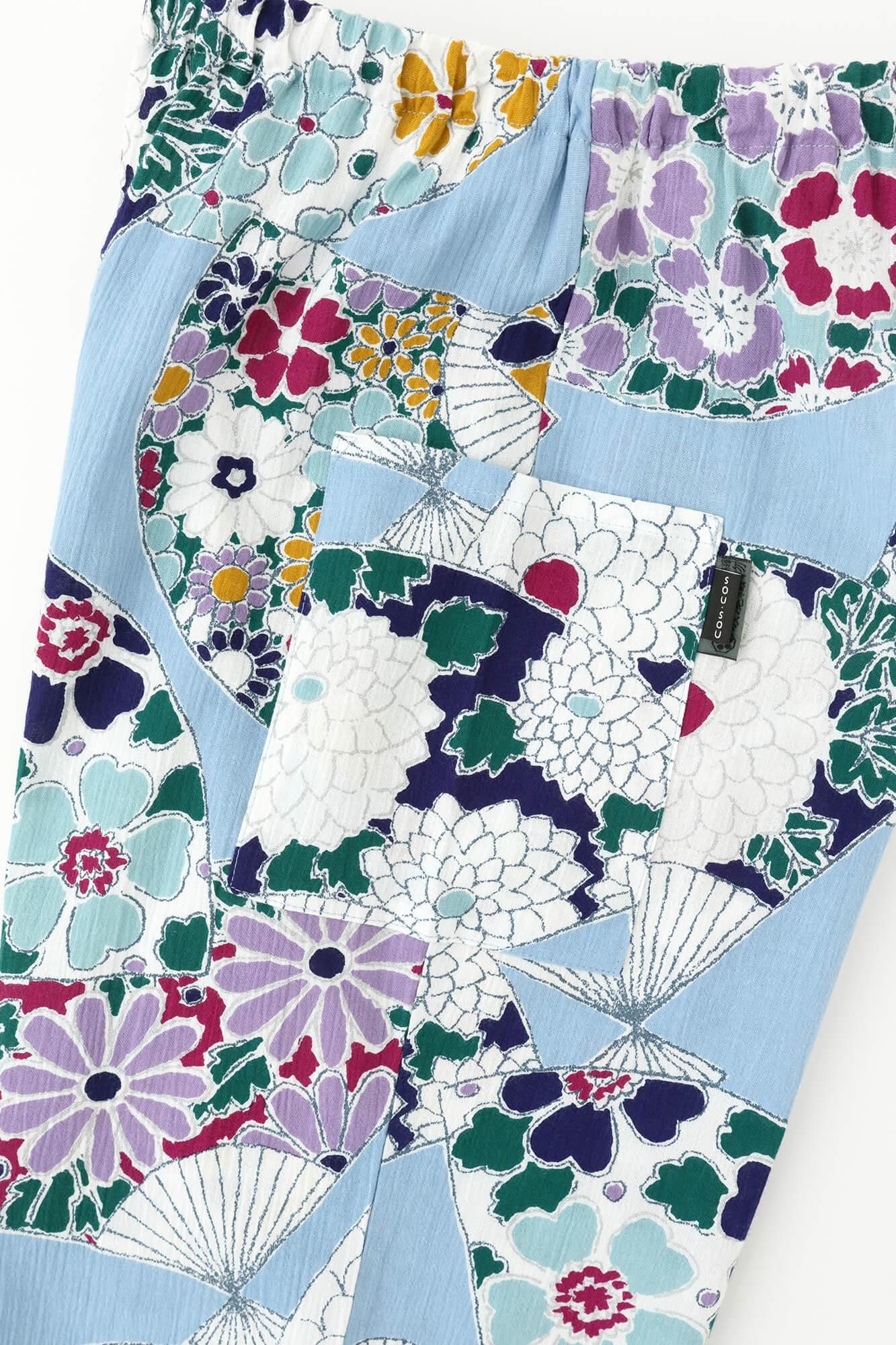 高島縮棉 20/20細腿褲/扇子 淺藍色