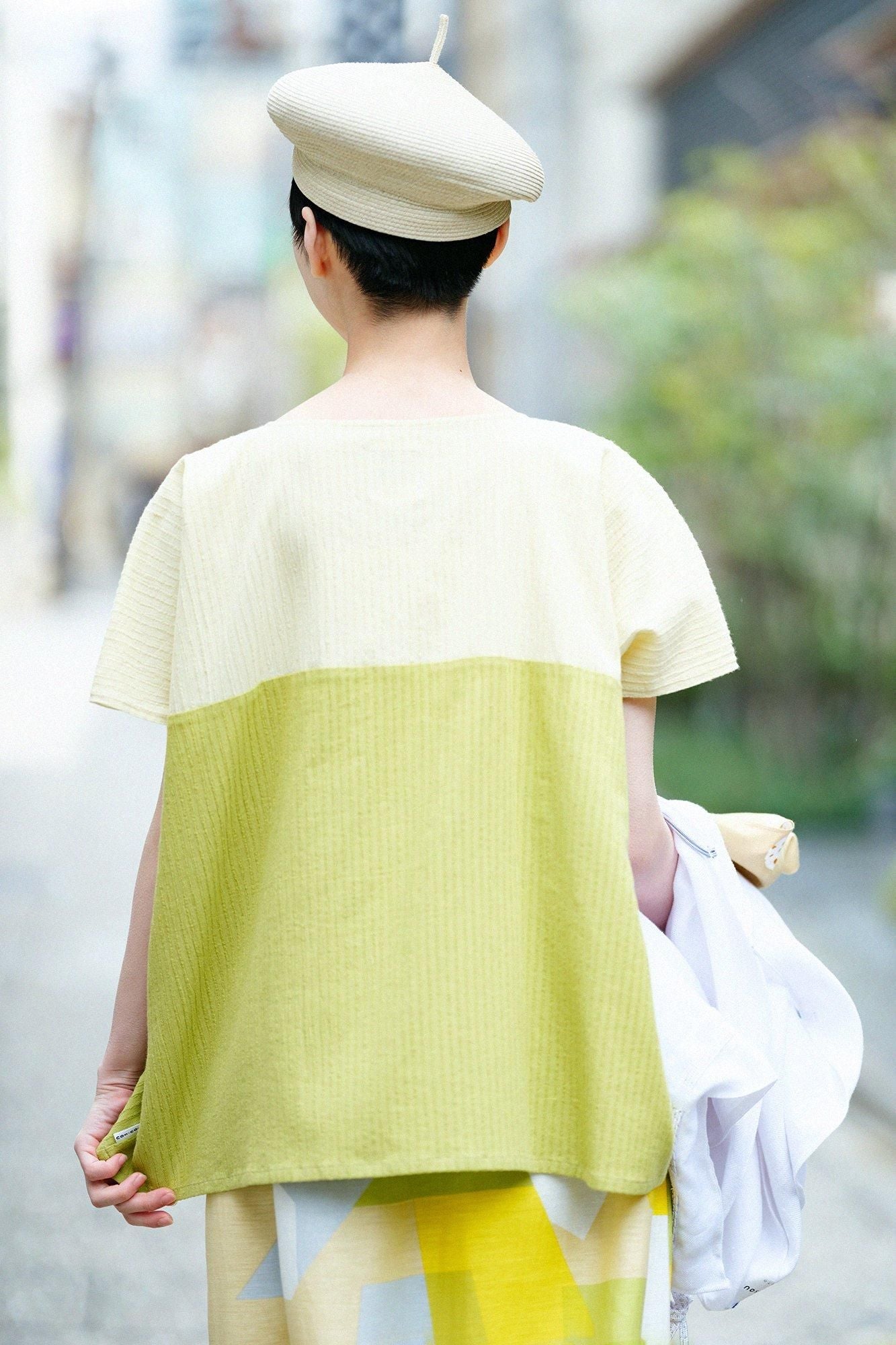 高島縮棉 40/20 空羽 方形上衣 雙色/淡黃色×柳葉色