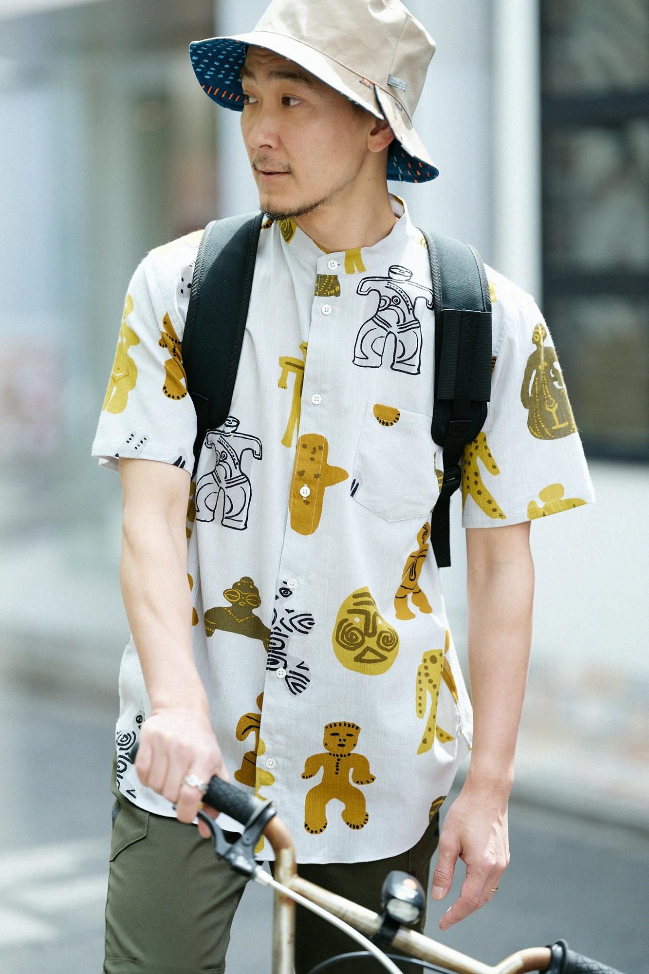 Chizimi Cotton 20/20 Stand Collar Short Sleeve Shirt / Clay Figure