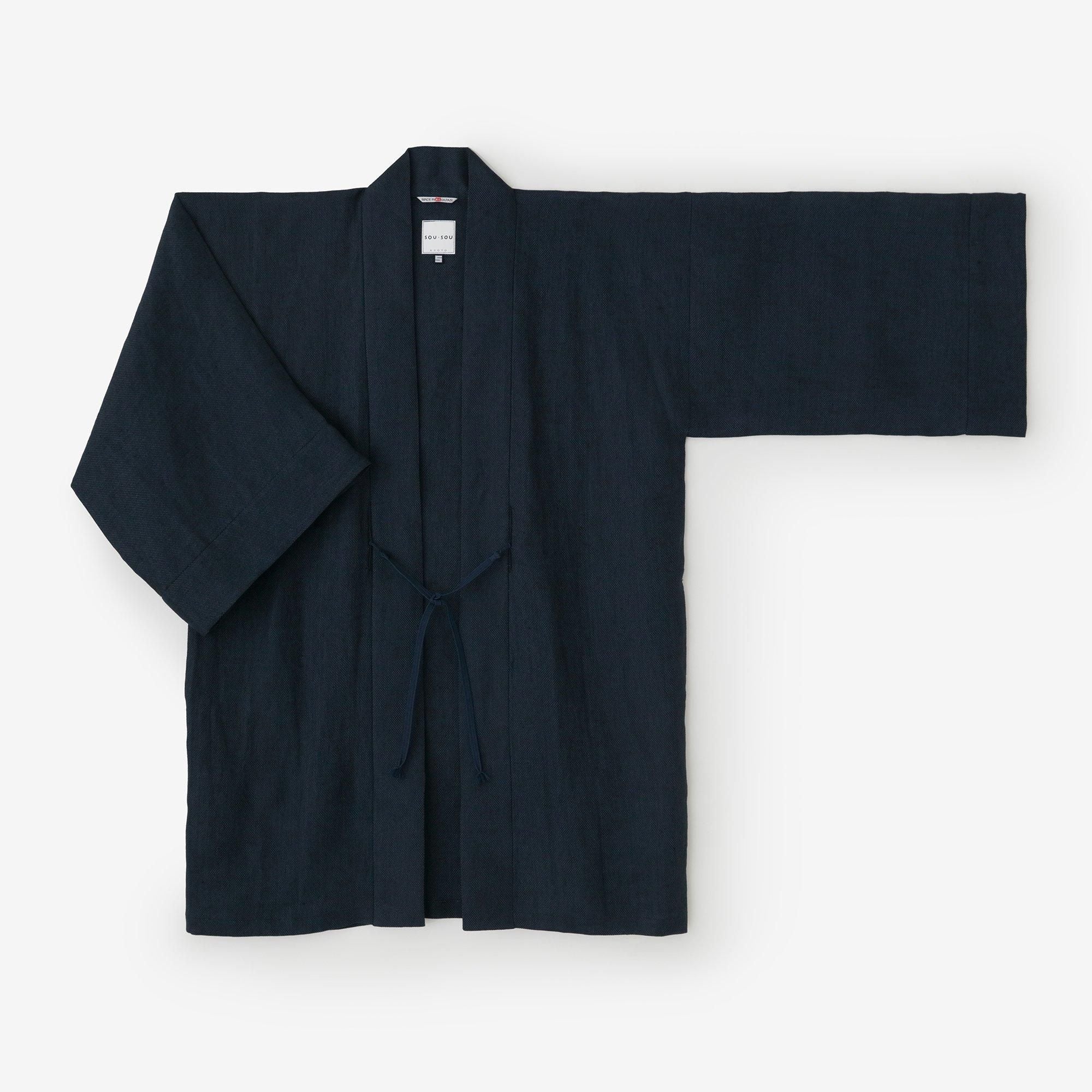 Linen Hanten Long-sleeved Jacket Mid-length Single Layer / Dark Blue