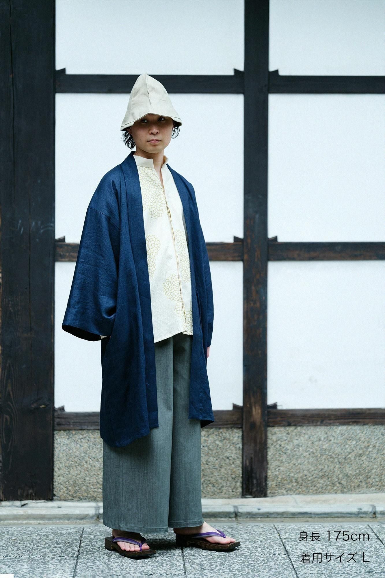 Linen Hanten Long-sleeved Jacket Mid-length Single Layer / Dark Blue