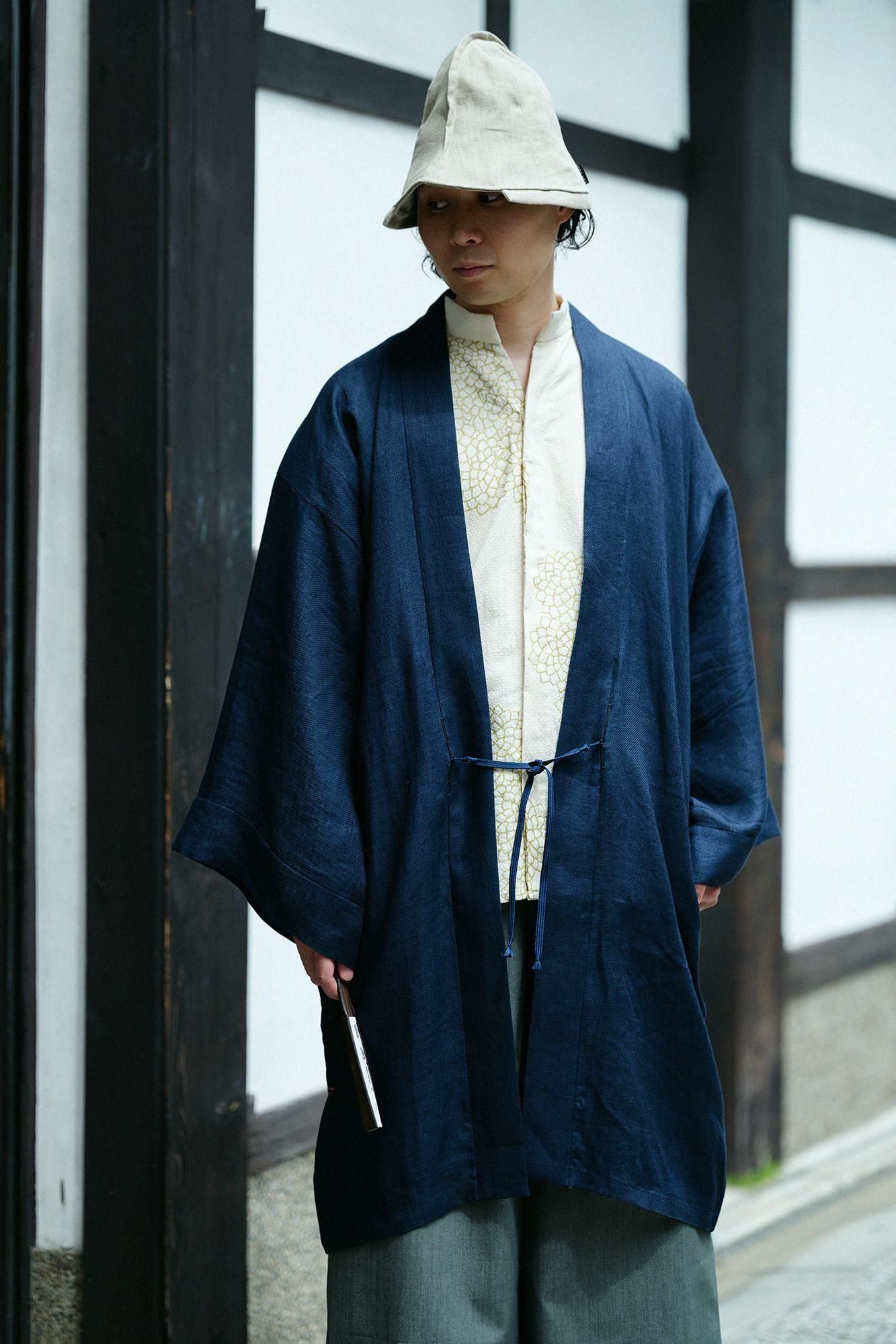 Linen Hanten Long-sleeved Jacket Mid-length Single Layer / Dark Blue