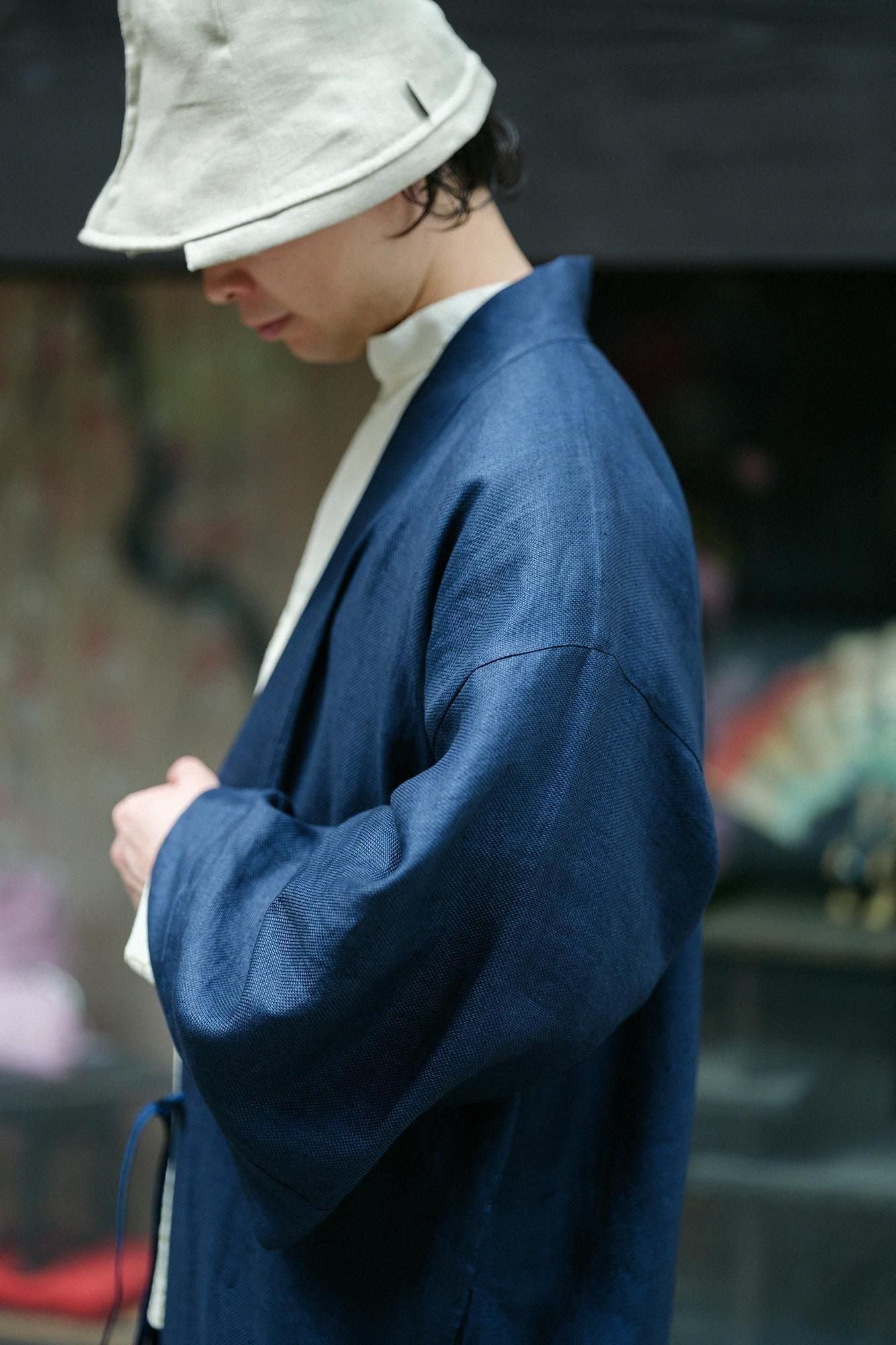 Linen Hanten Long-sleeved Jacket Mid-length Single Layer / Dark Blue