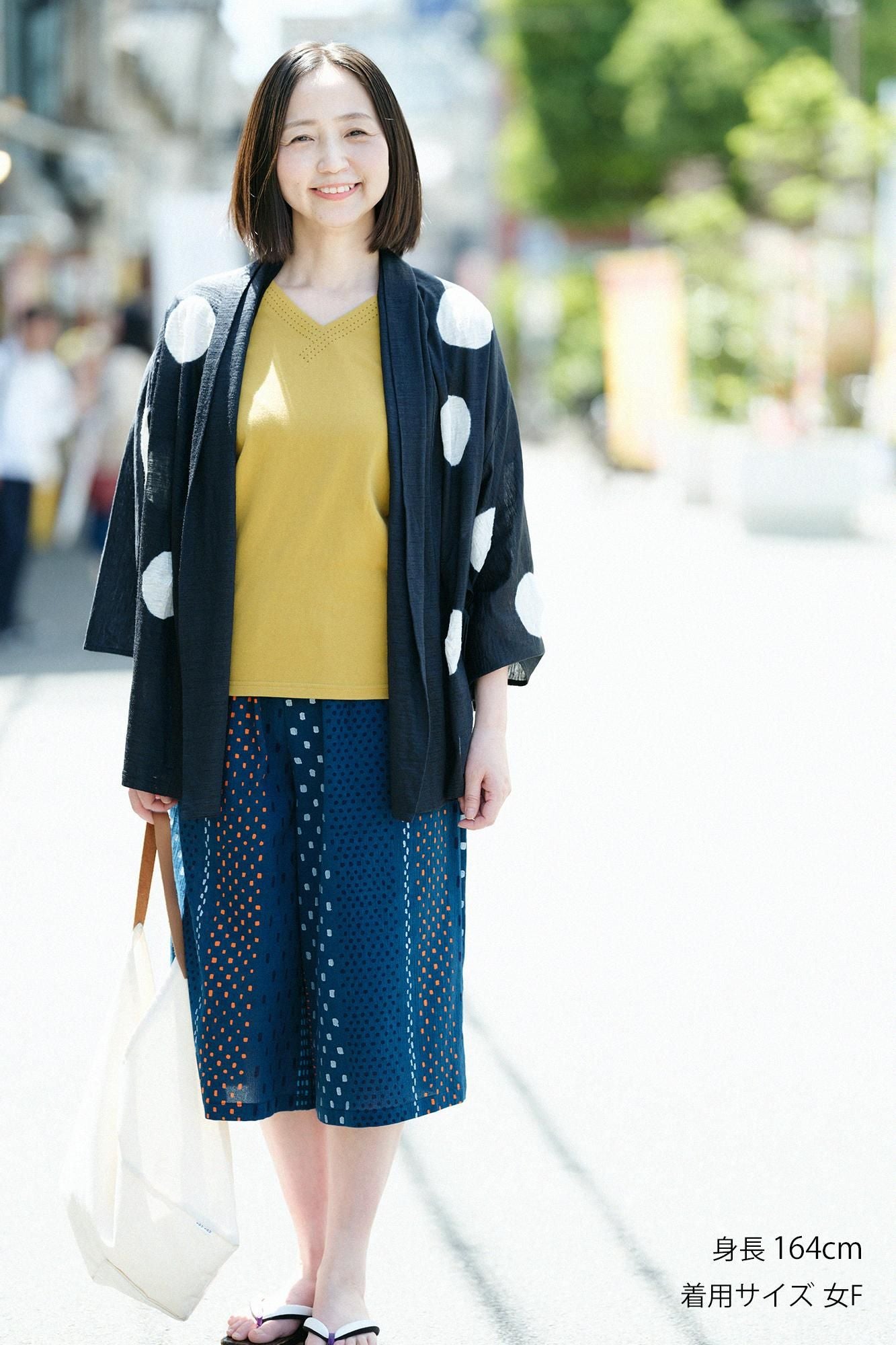 Tabata Tie-dye Linen Kimono Sleeve Cardigan / Large Polka Dots Ink Black × White