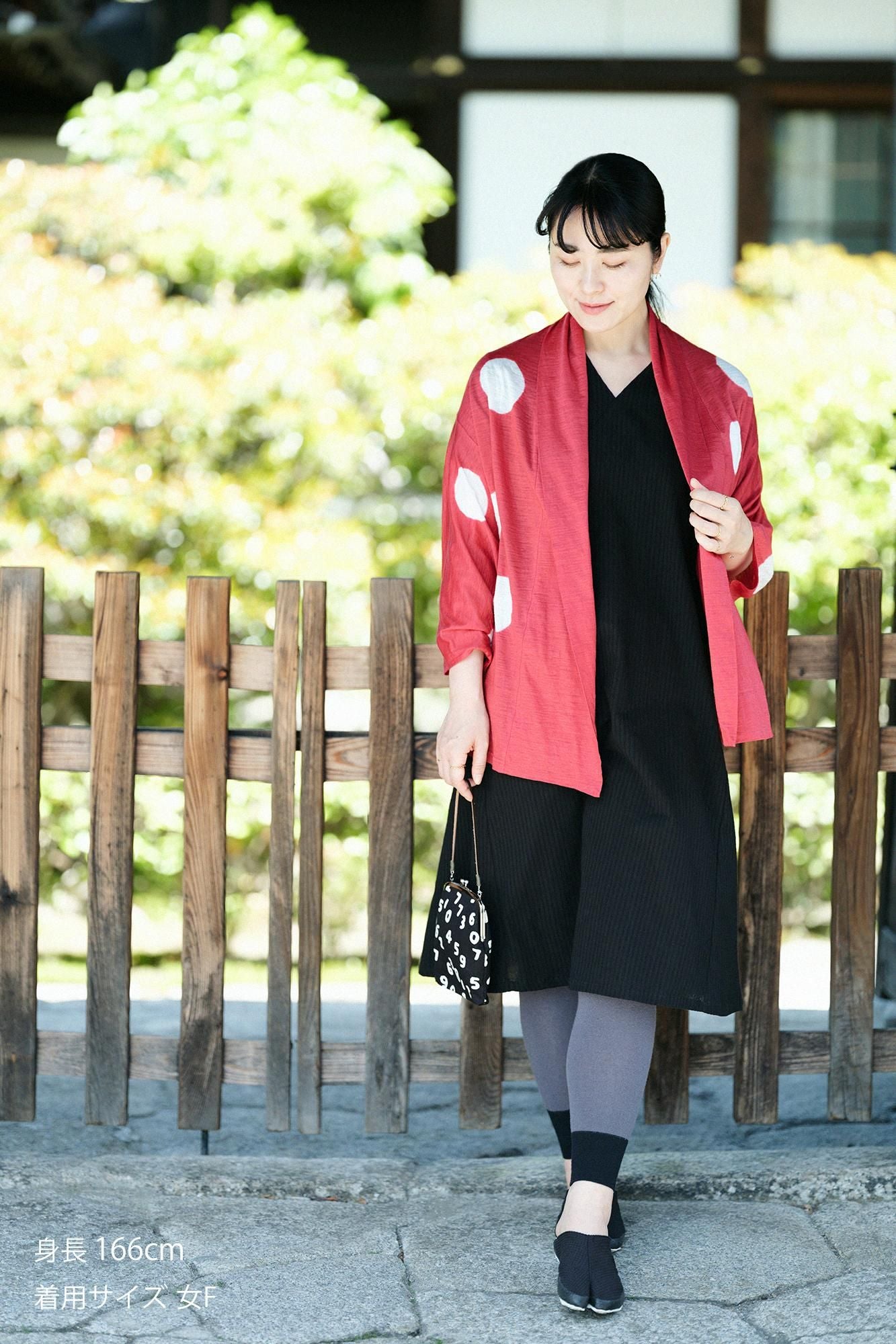 Tabata Tie-dye Linen Kimono Sleeve Cardigan / Large Polka Dots Scarlet × White