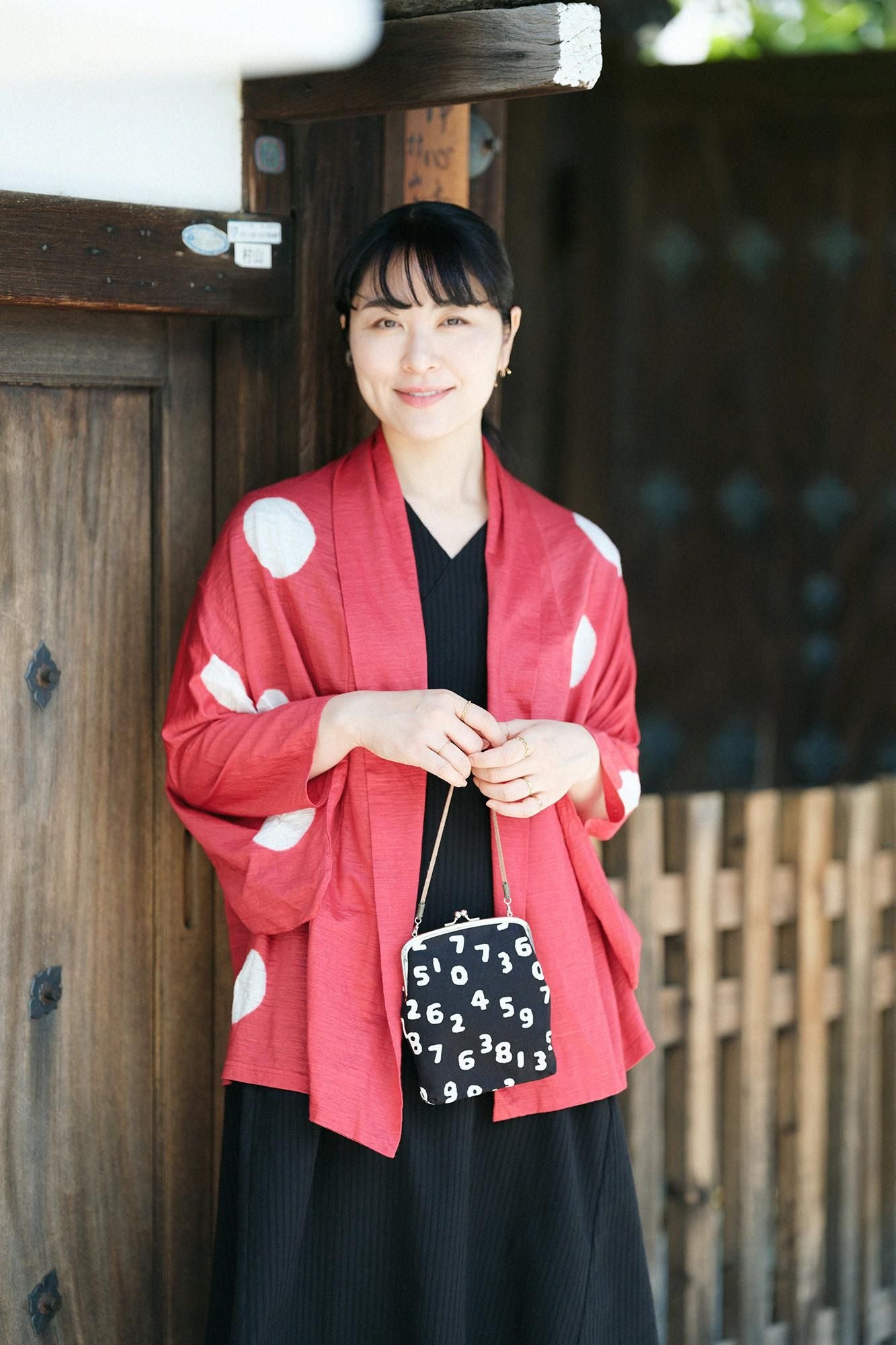Tabata Tie-dye Linen Kimono Sleeve Cardigan / Large Polka Dots Scarlet × White