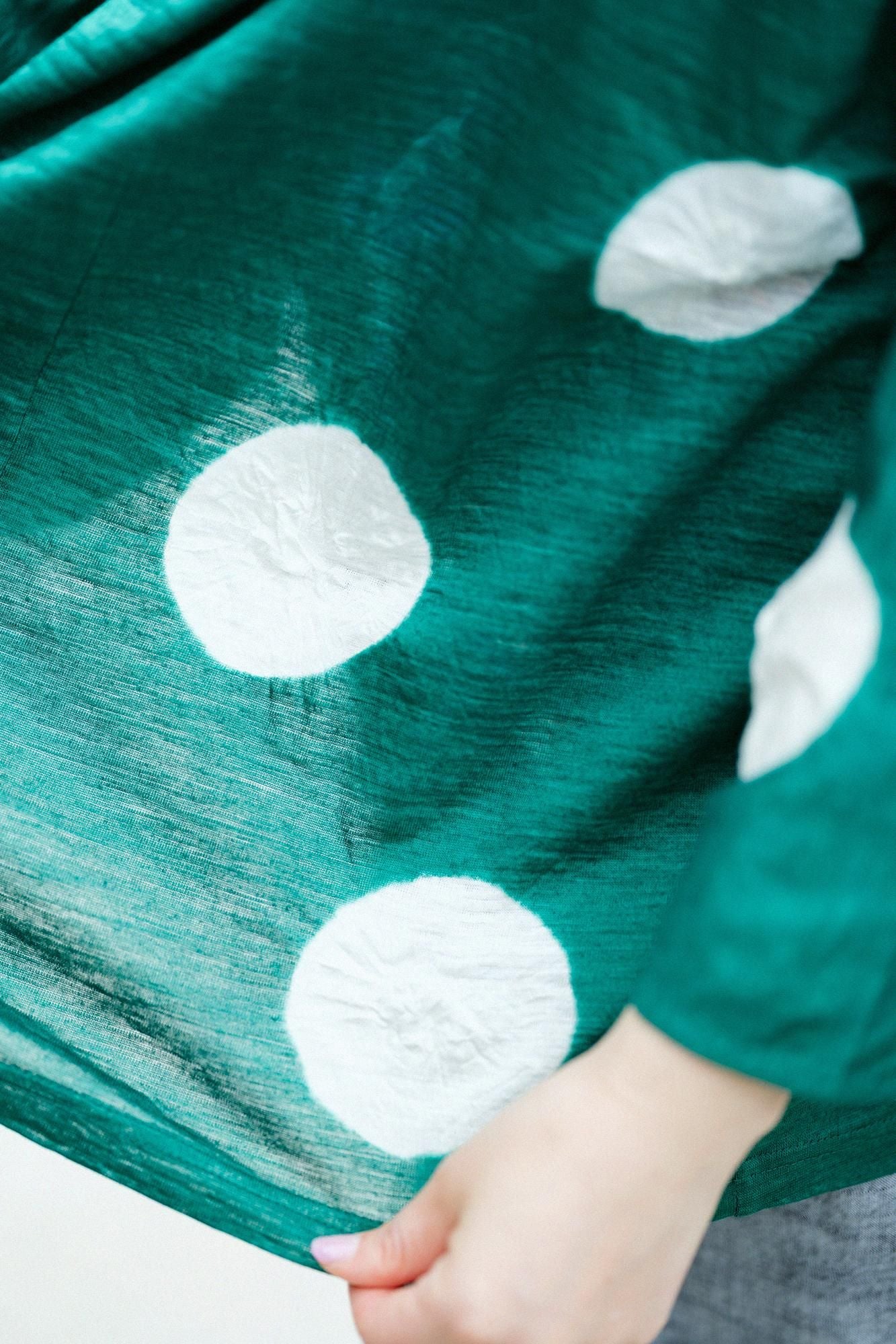 田端紮染麻 小袖莢外套/大圓點常磐綠×白色