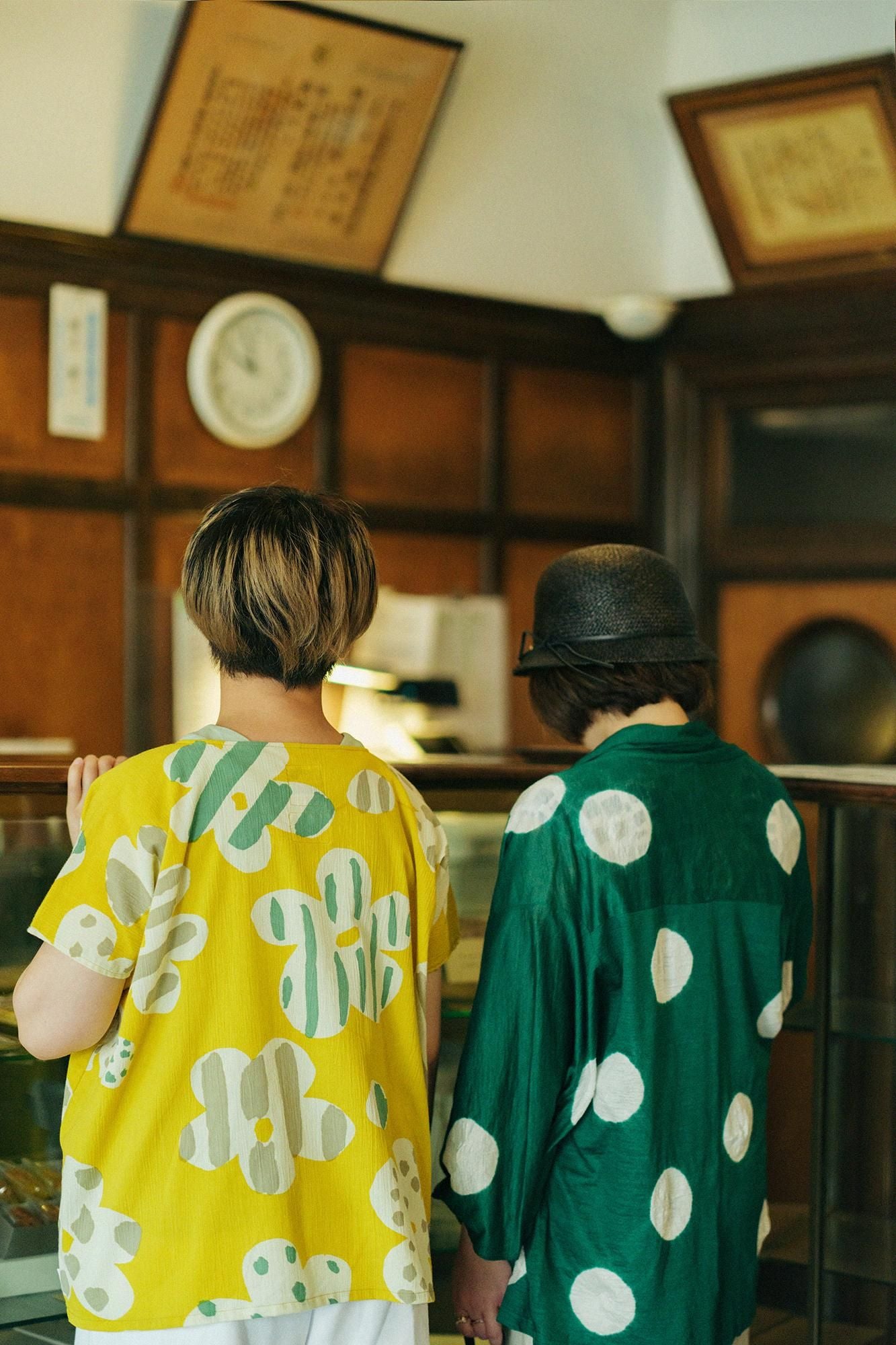 田端紮染麻 小袖莢外套/大圓點常磐綠×白色