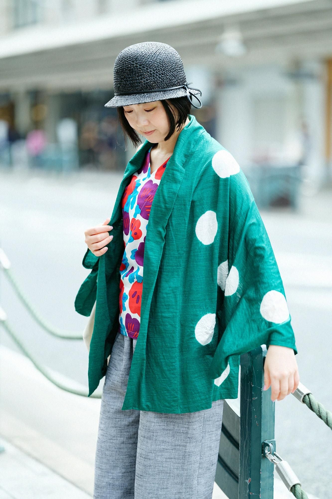 田端紮染麻 小袖莢外套/大圓點常磐綠×白色