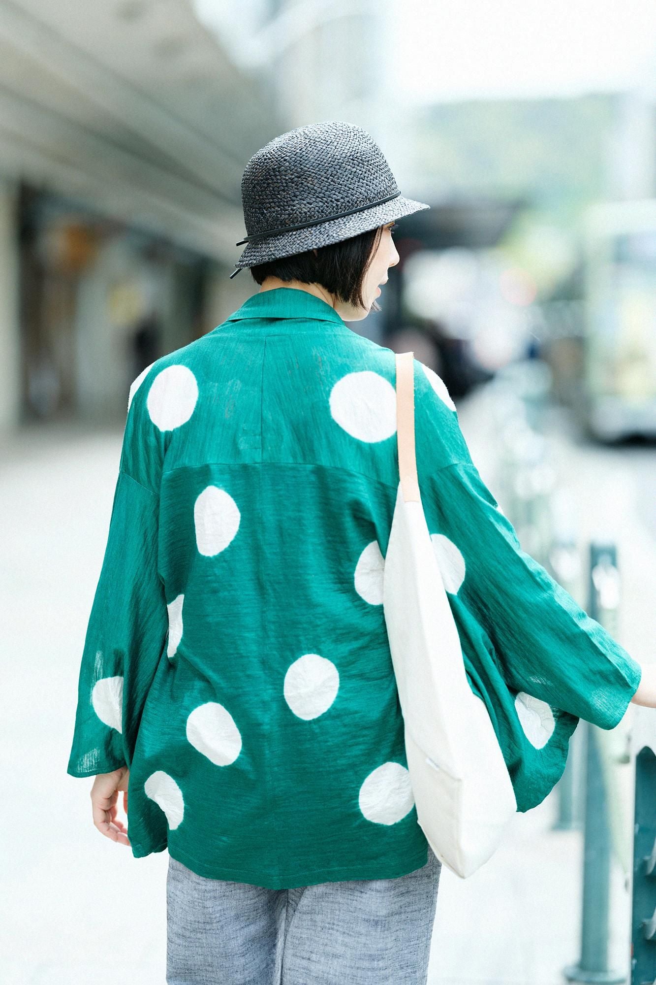田端紮染麻 小袖莢外套/大圓點常磐綠×白色