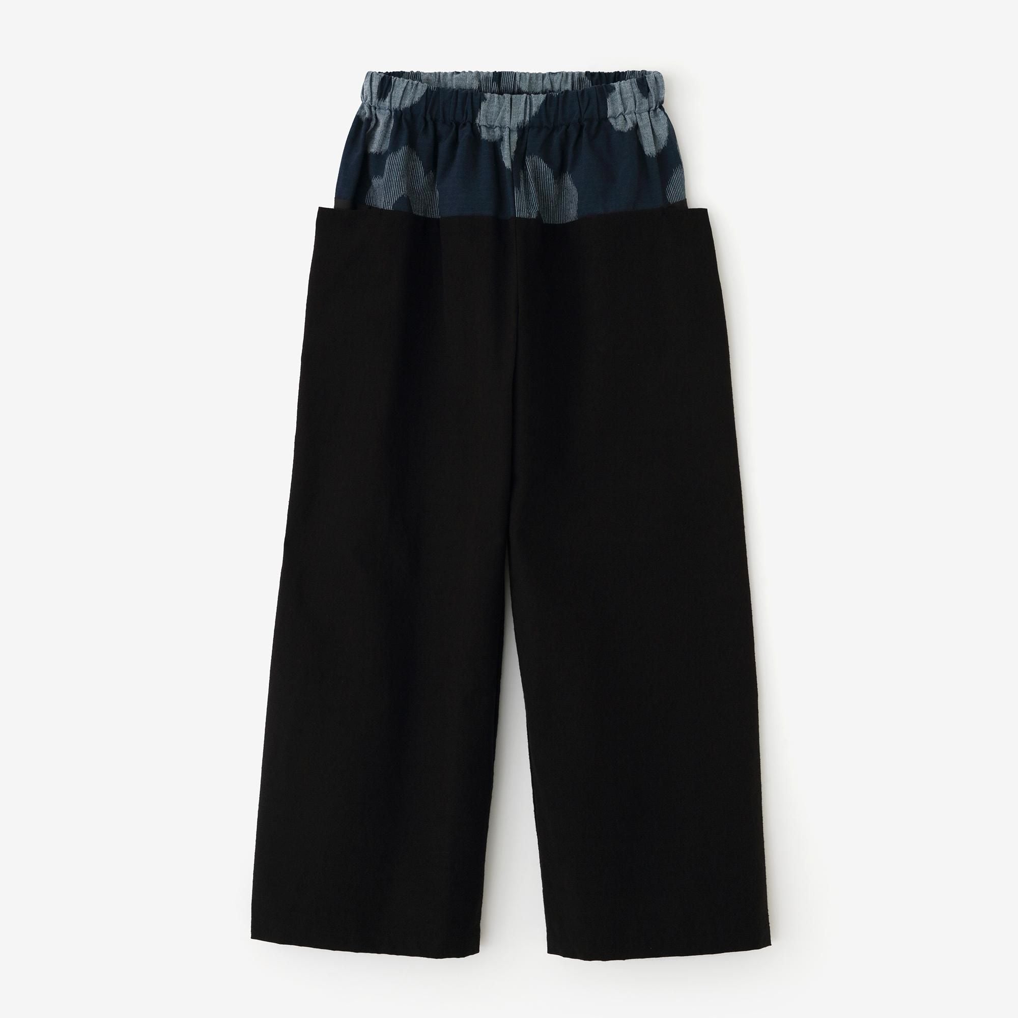 Kurume Kasuri Obi Style Pant / Layered-flowers Ink Blue × Black