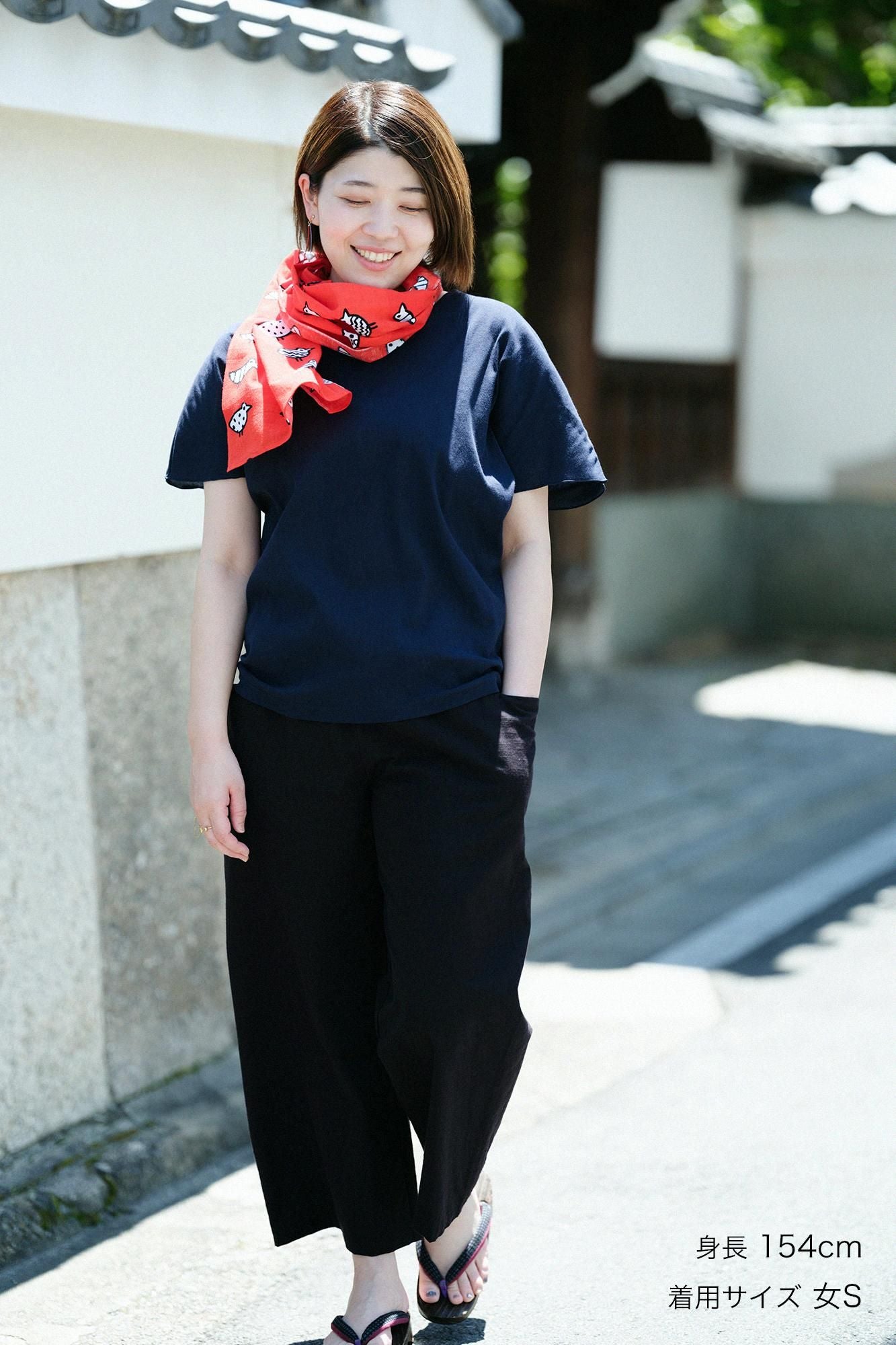 Kurume Kasuri Obi Style Pant / Layered-flowers Ink Blue × Black