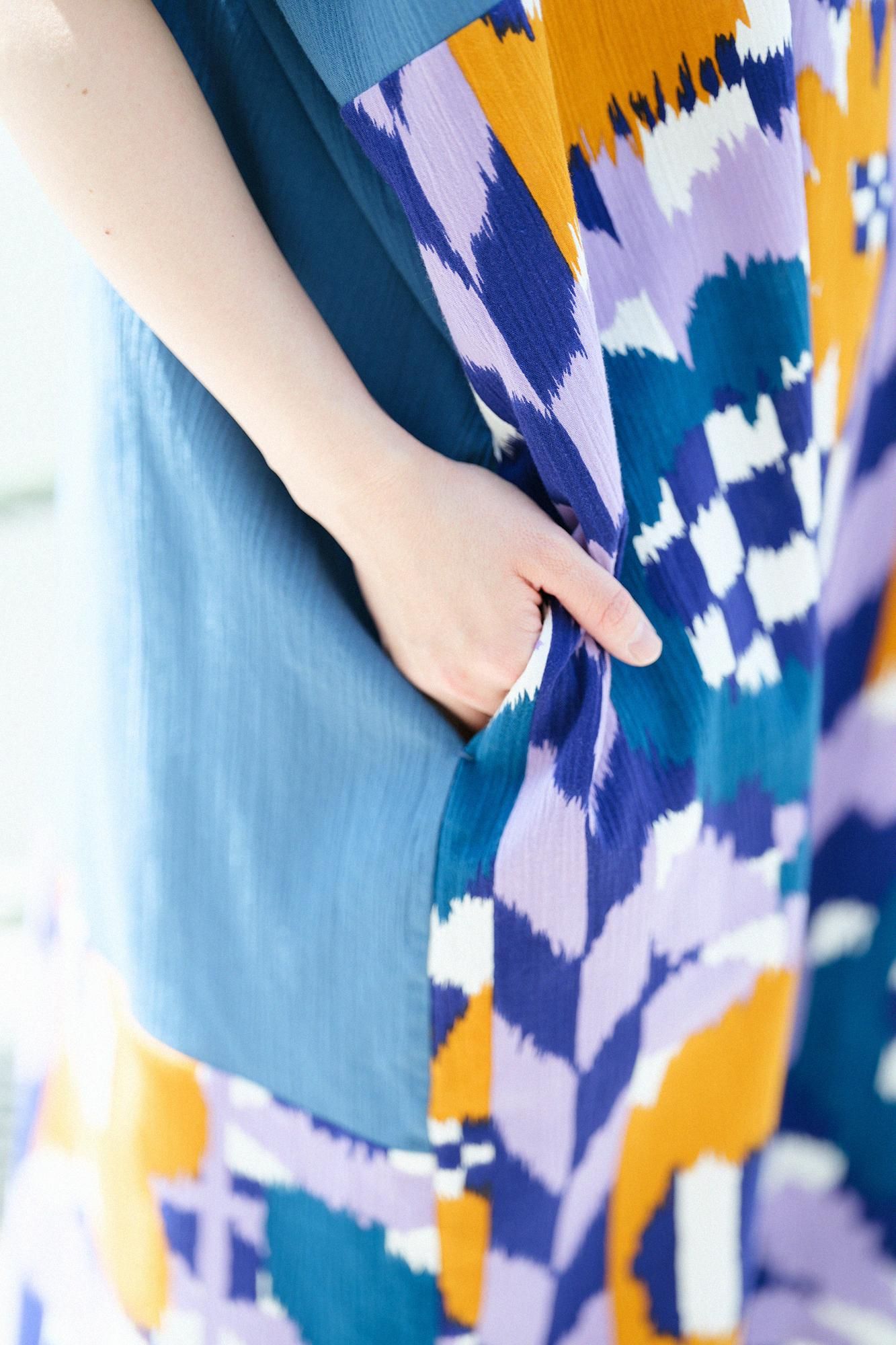 高島縮棉 20/20 長方形洋裝 雙色 下襬圖案/灰藍色x花絣