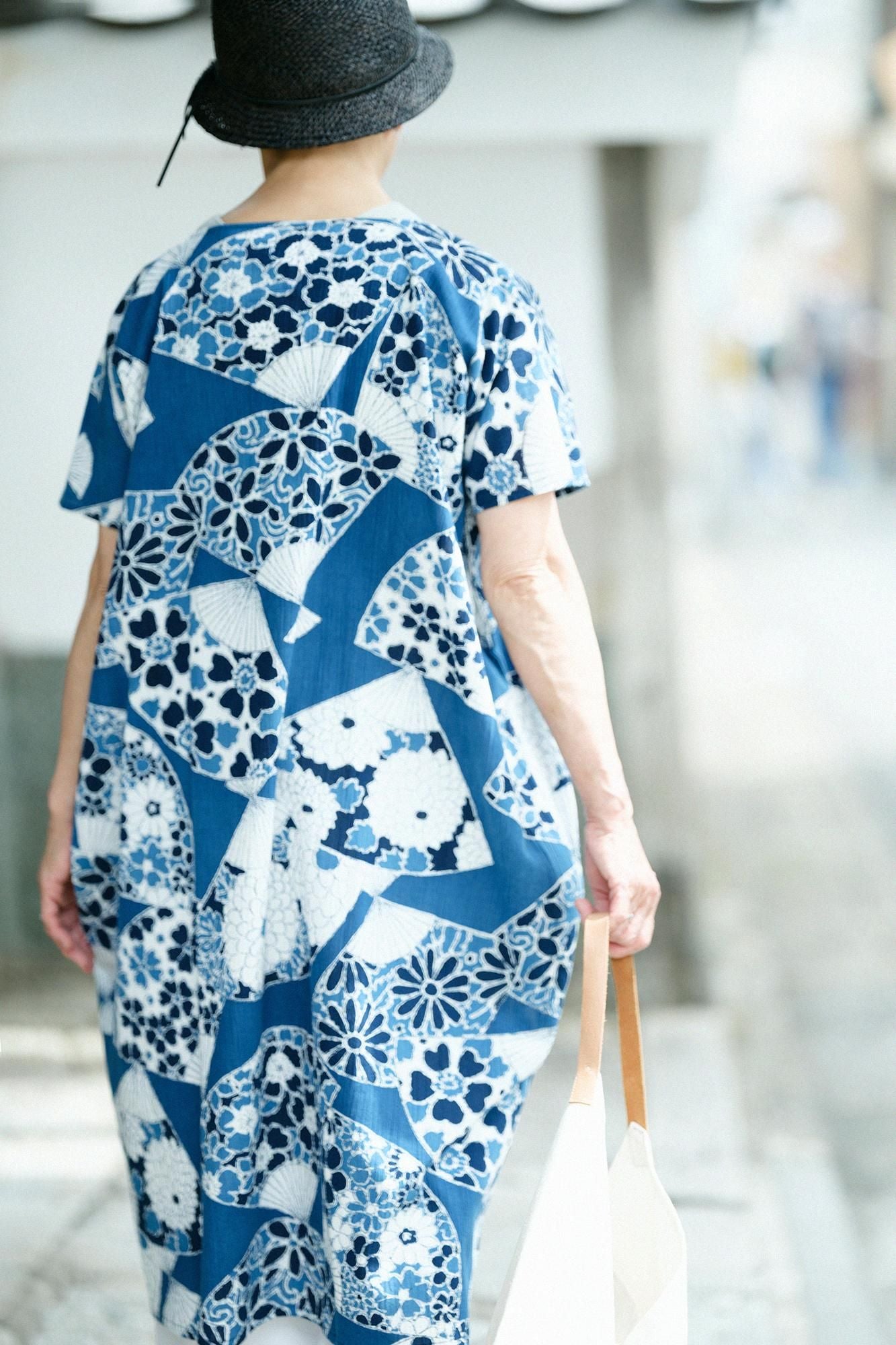 Takashima Shui 20/20 Indigo印刷(Ainasen)矩形服装(ChoHokei)/fan(ougi)