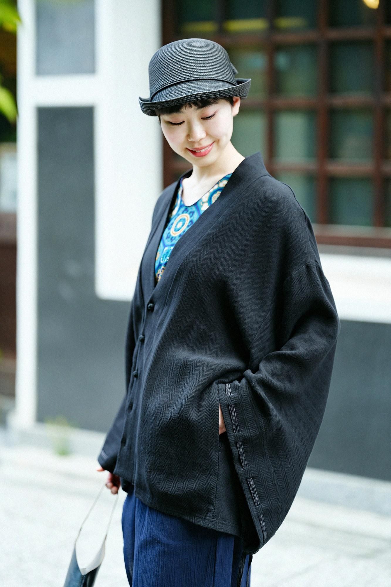 【官網限定】棉麻紡人字形斜紋織伯爵外套 宮中袖/黑色