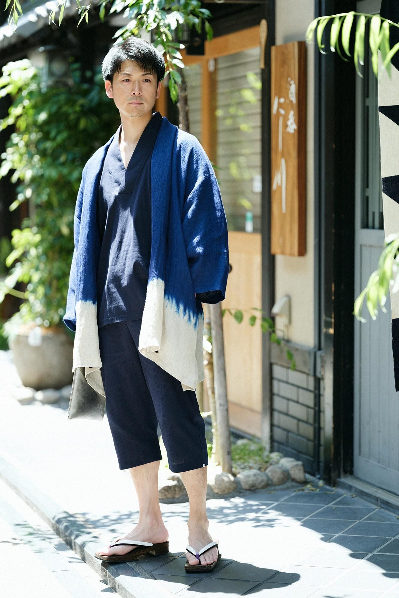 Chizimi Cotton 40/40 Fubi Kimono Shirt Bi-color / Dark Blue × Peony Arabesque