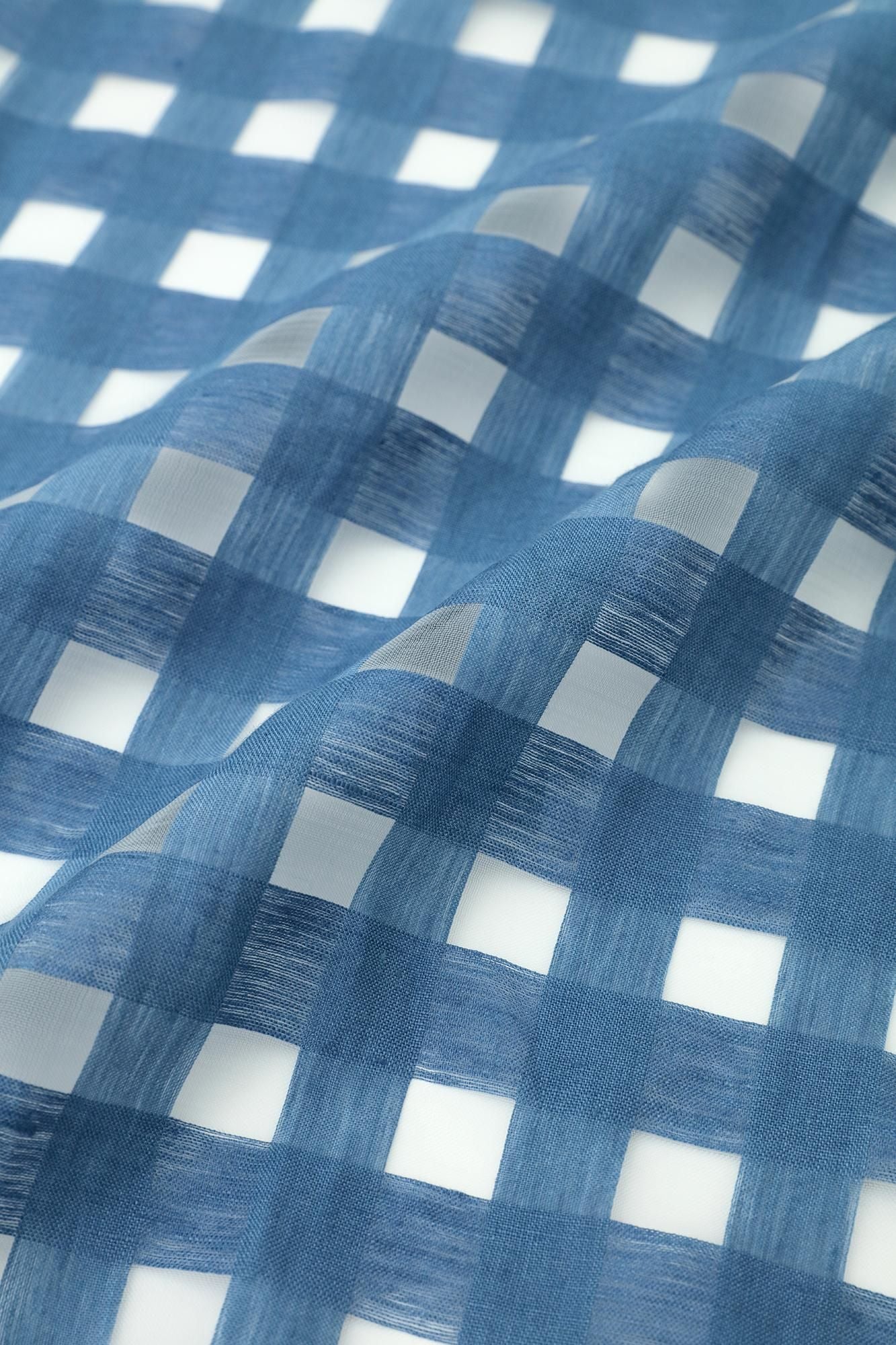 開口格子織如月披風斗篷 短版/灰藍色