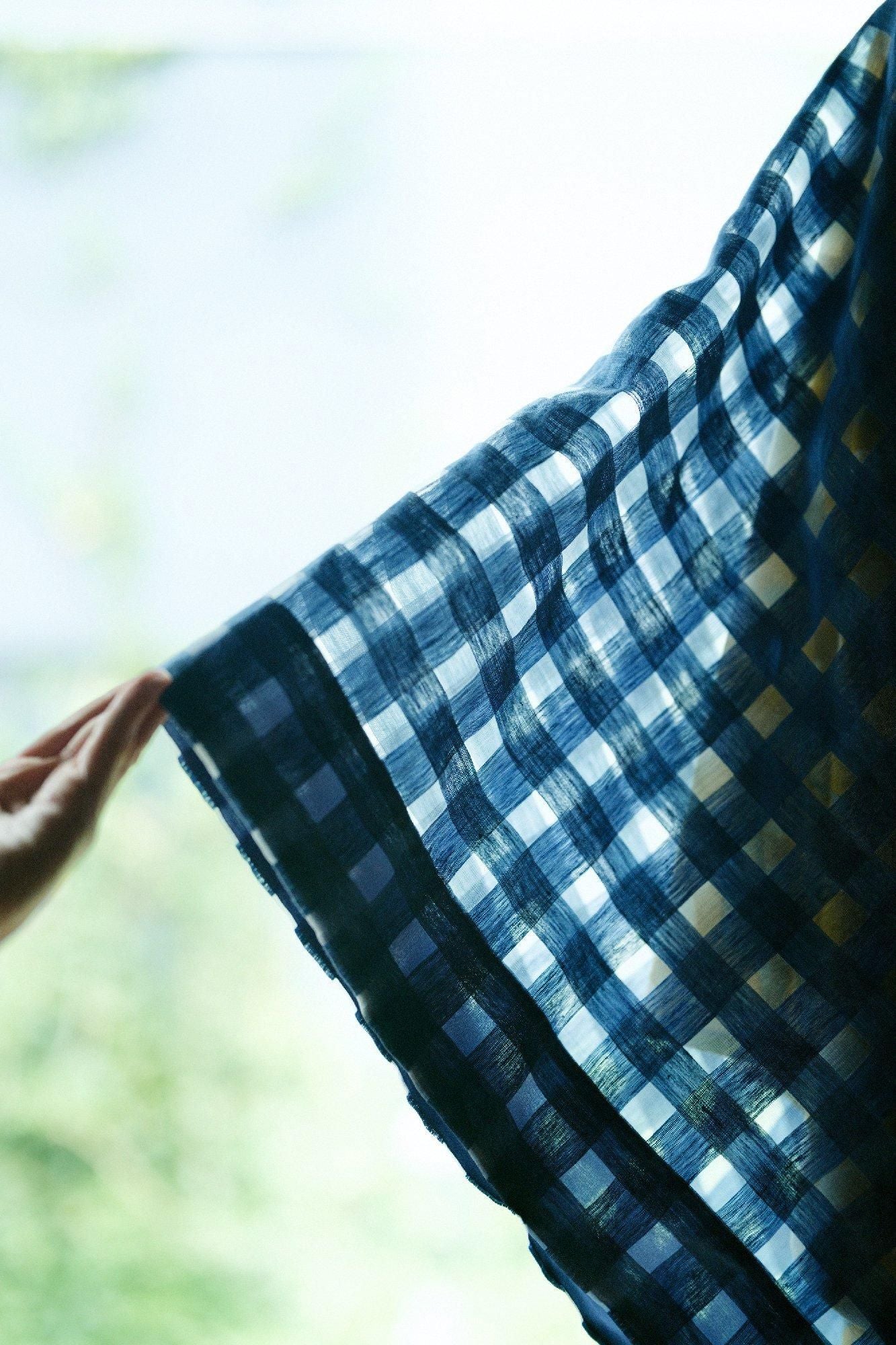 開口格子織如月披風斗篷 短版/灰藍色