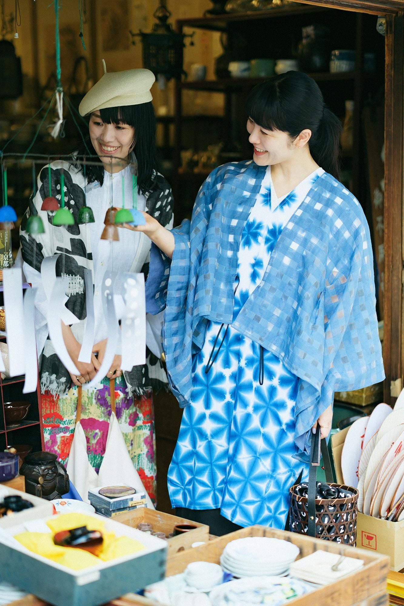 開口格子織如月披風斗篷 短版/灰藍色