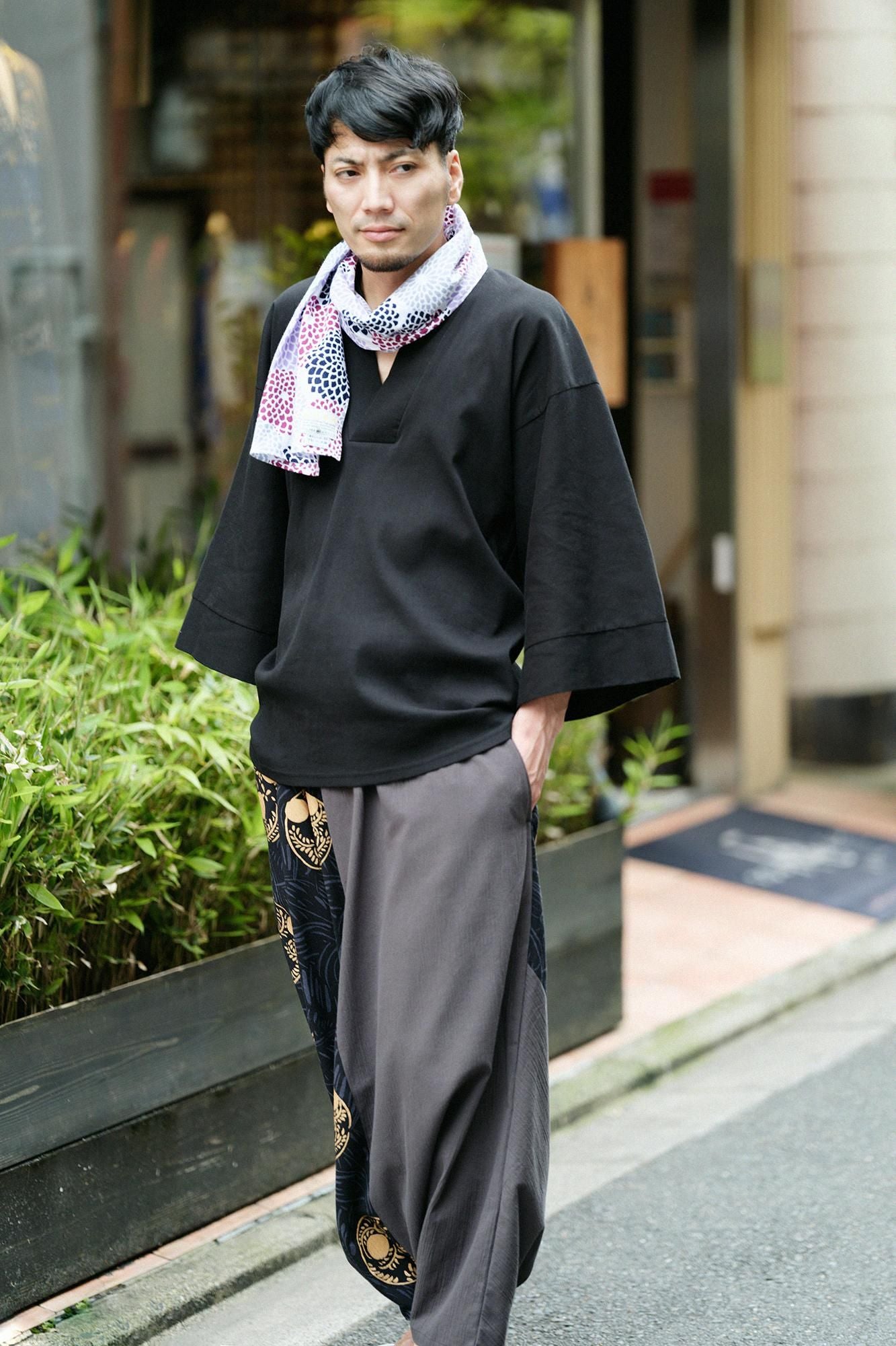 Isemomen Cotton Short Scarf / Chrysanthemum Purple