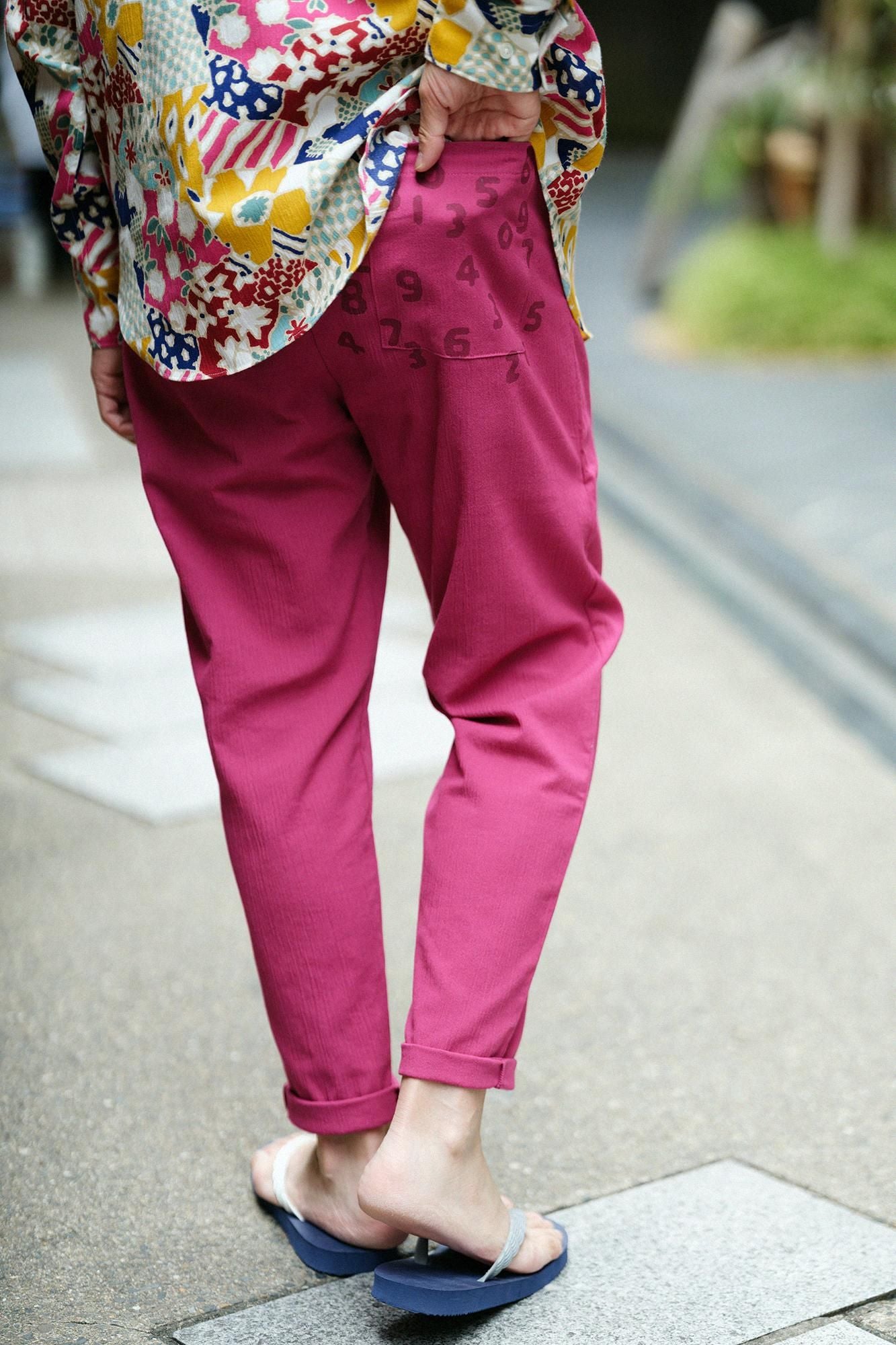 高島縮棉 20/20休閒窄管長褲/深粉紅