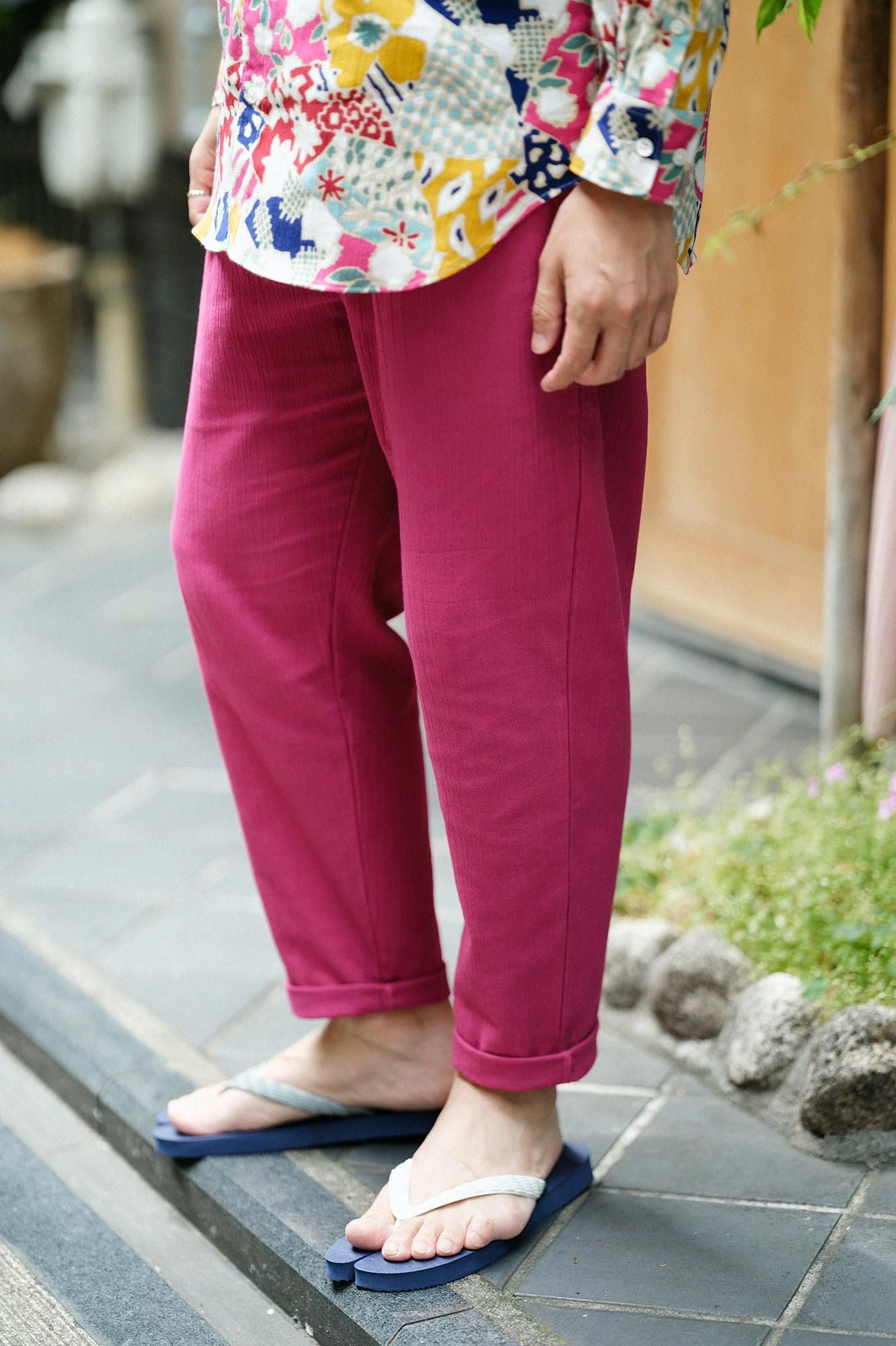 高島縮棉 20/20休閒窄管長褲/深粉紅