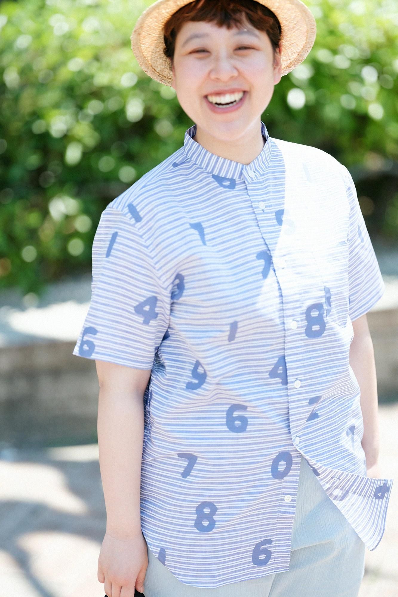 棉麻 薄紗 立領短袖襯衫/ SO-SU-U十數 寶藍色 粗細條紋