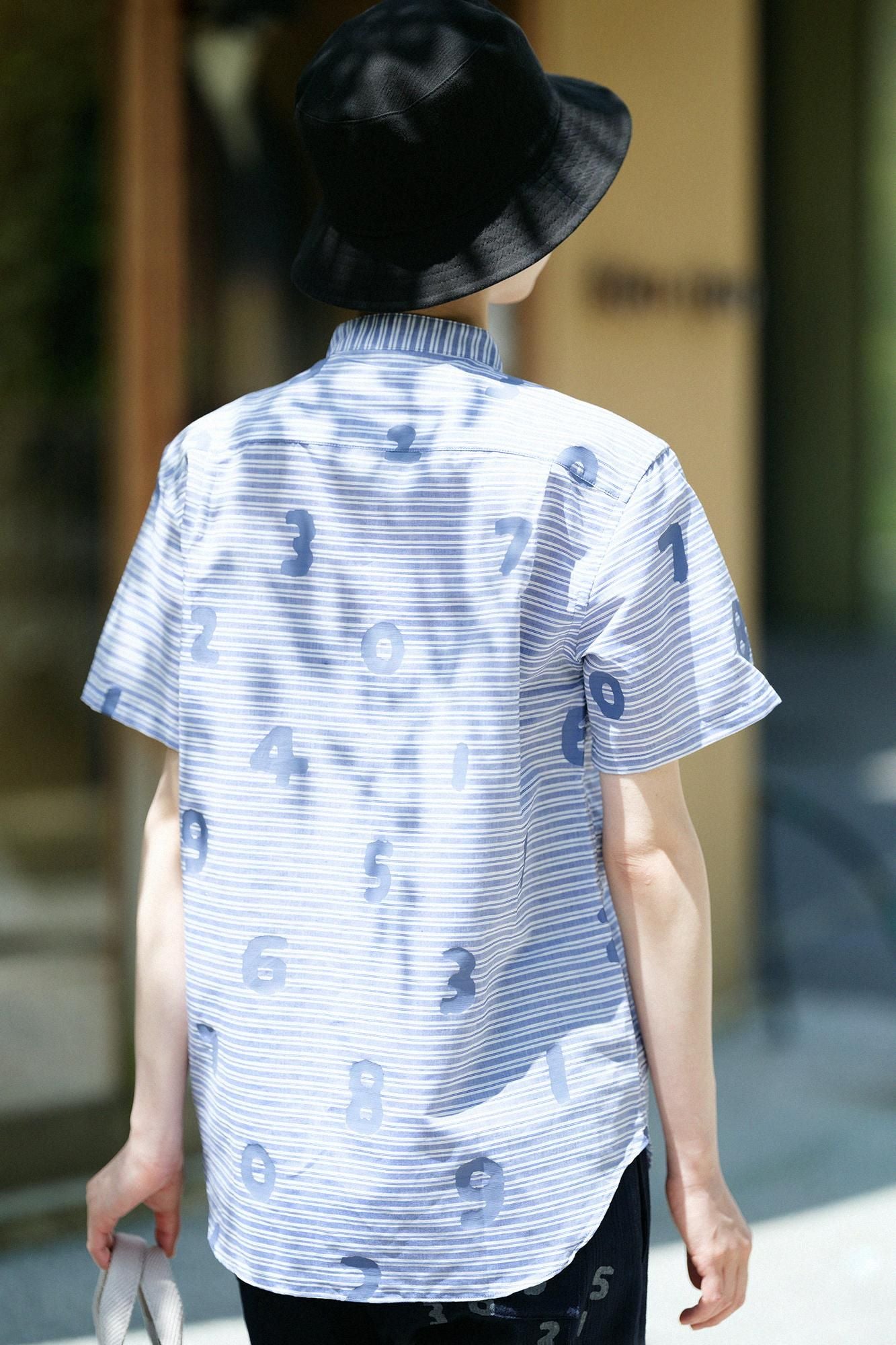 棉麻 薄紗 立領短袖襯衫/ SO-SU-U十數 寶藍色 粗細條紋