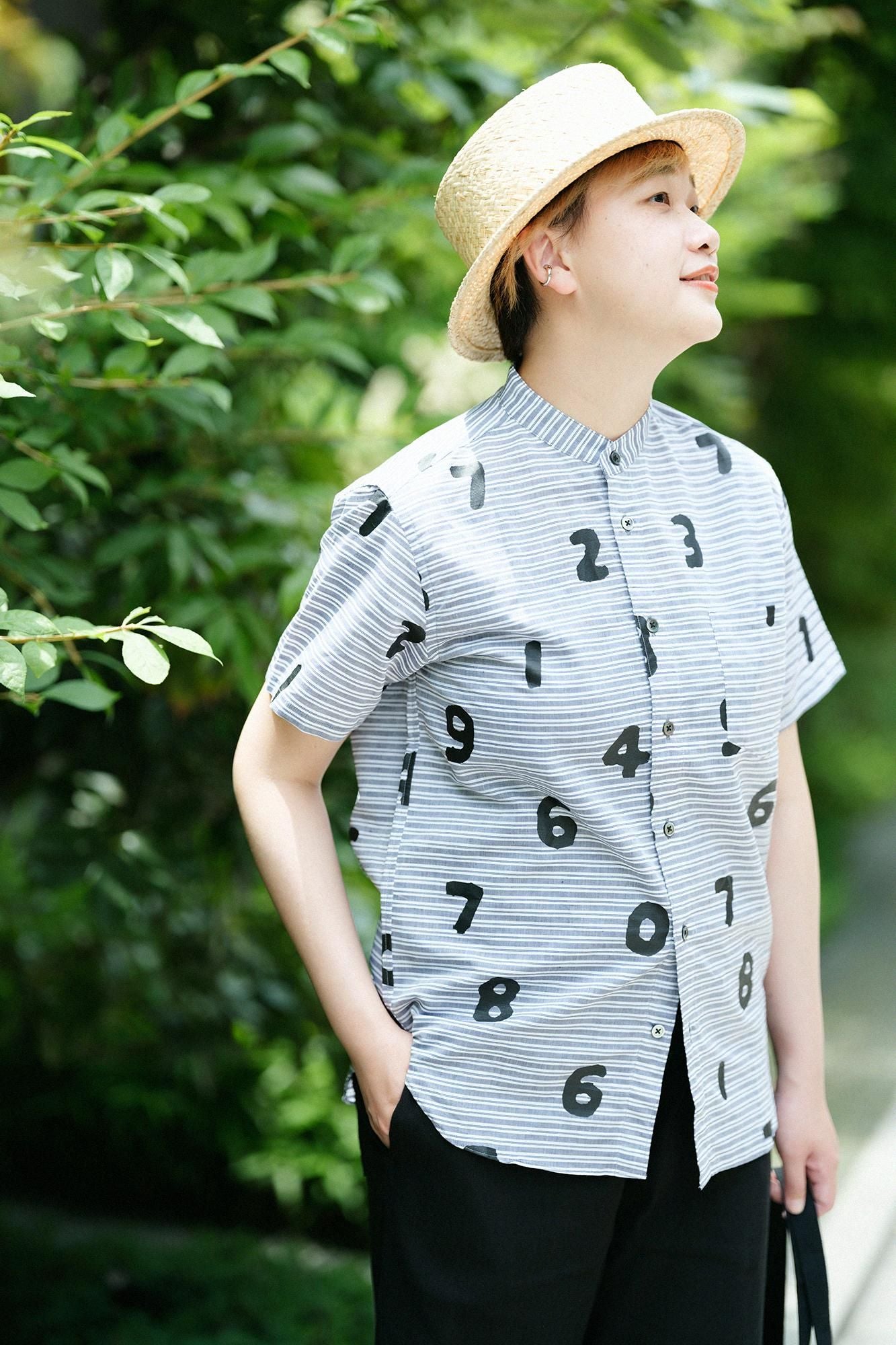 棉布式绒毛架套圈短袖衬衫/so-su-u深灰育儿条纹(koihaikomochishima)