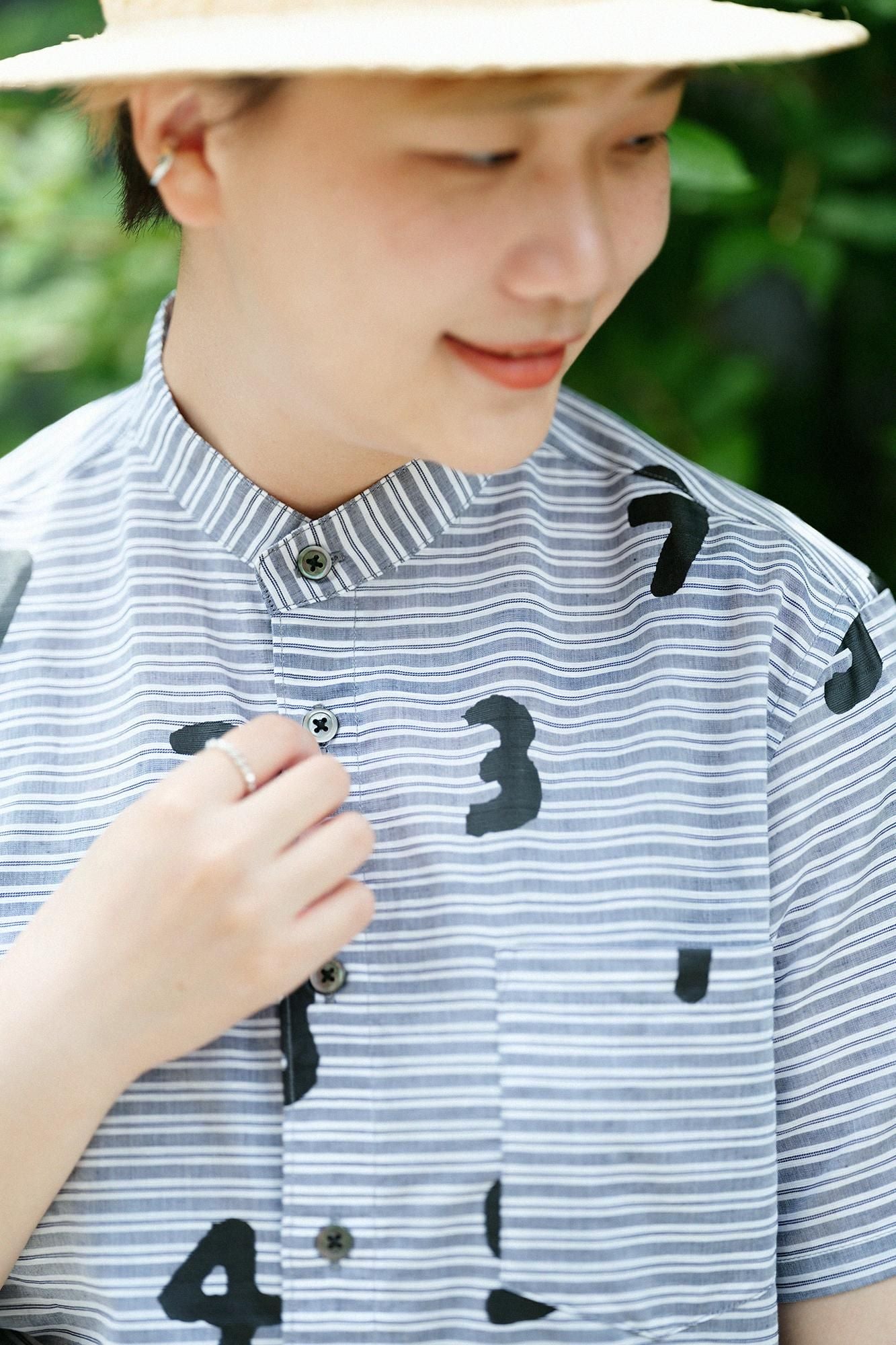 棉布式绒毛架套圈短袖衬衫/so-su-u深灰育儿条纹(koihaikomochishima)