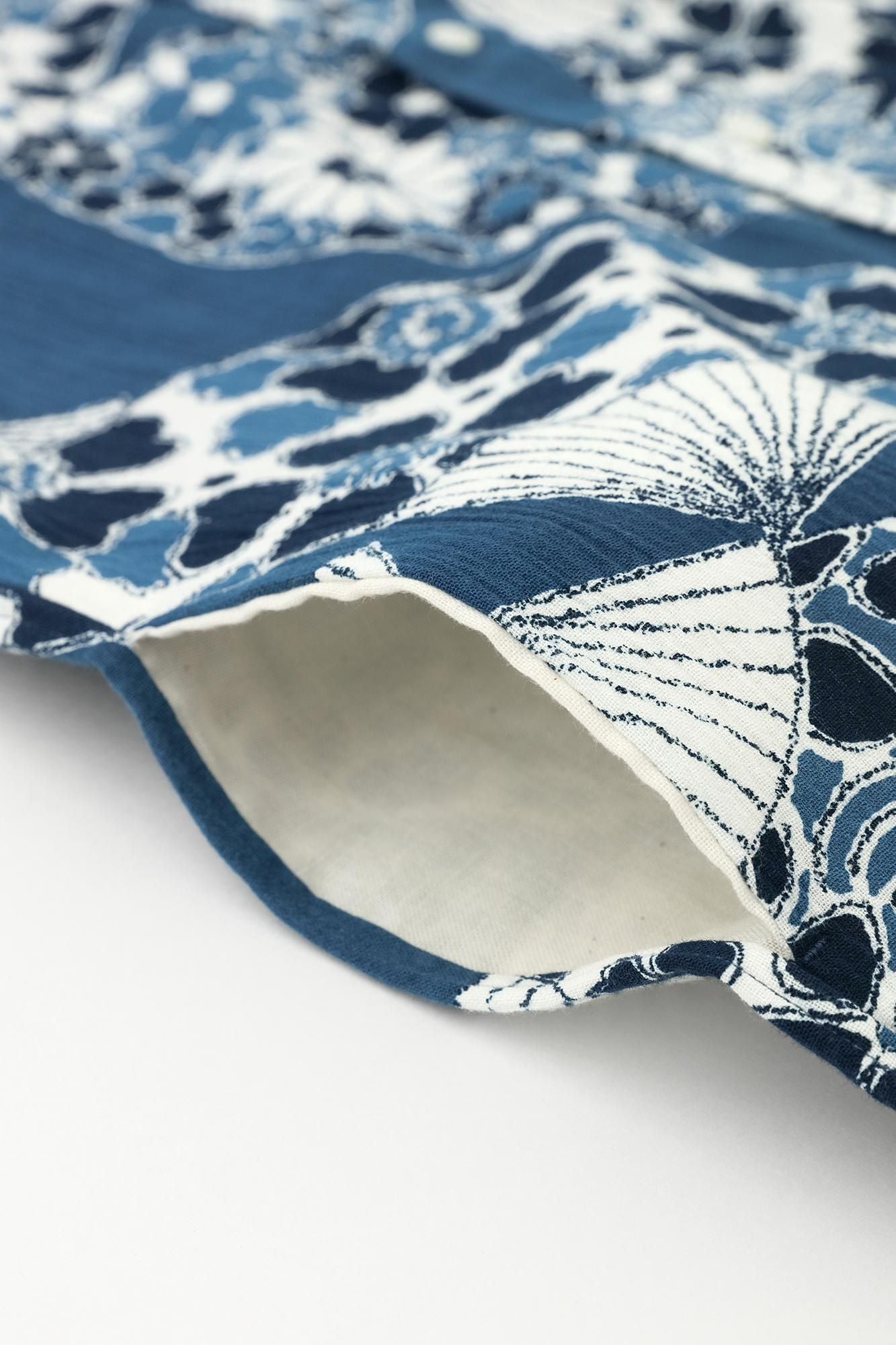 高島縮棉 20/20 藍捺染 立領短袖襯衫 SP /扇子