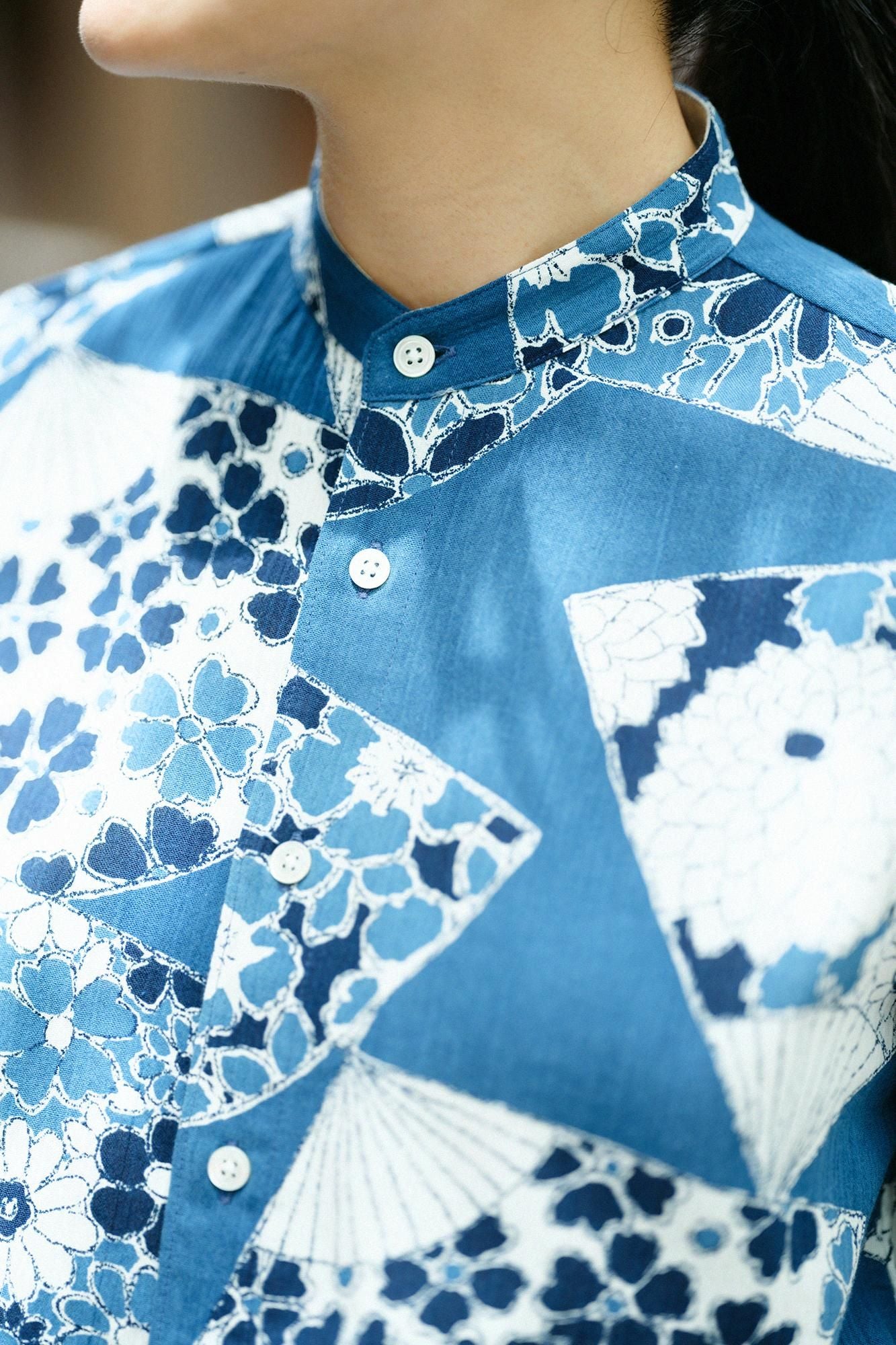 高島縮棉 20/20 藍捺染 立領短袖襯衫 SP /扇子