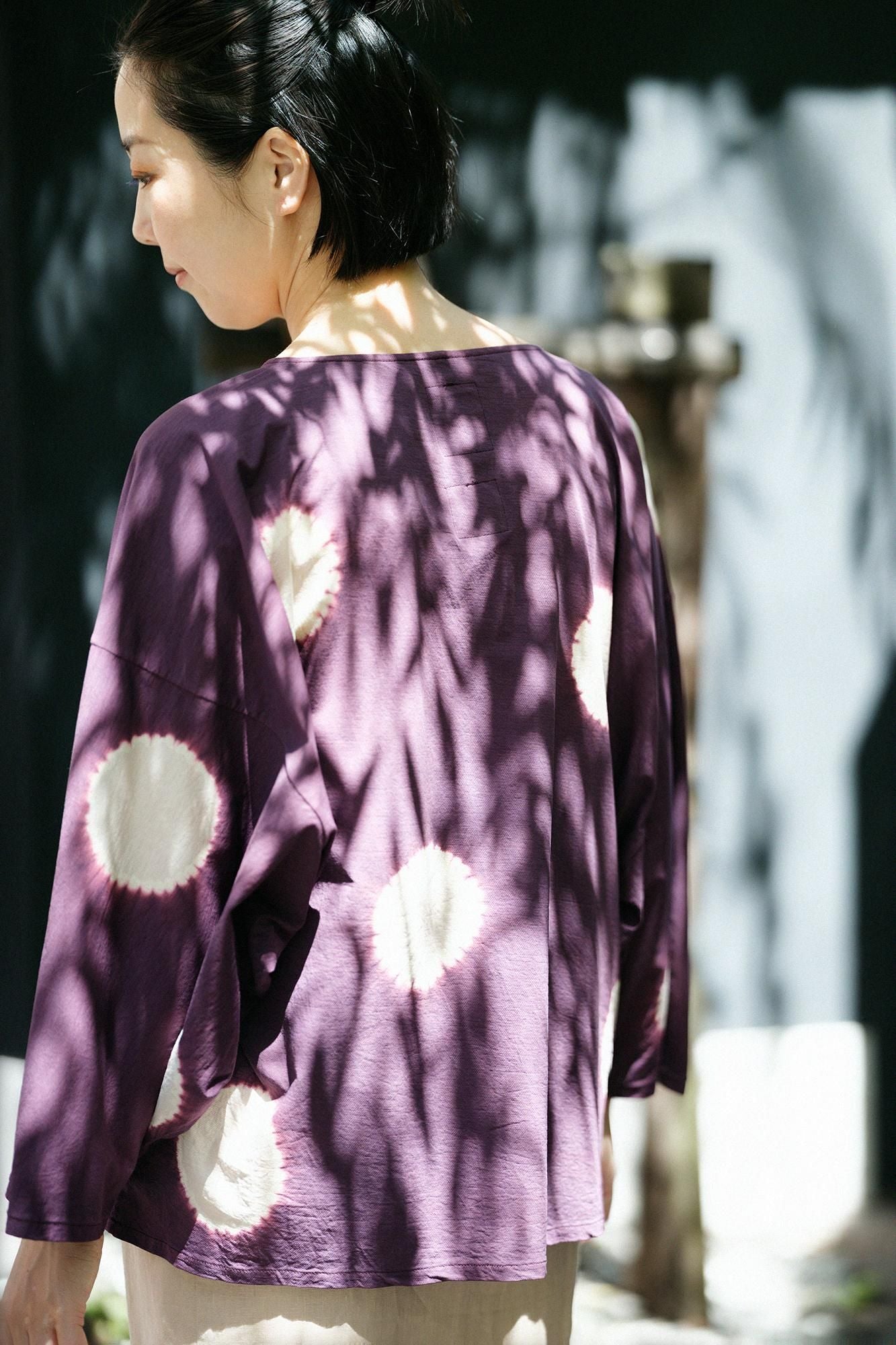 近清紮染 Kersey粗織布 圓弧袖 方形上衣/大圓點 桑紫色×淺米灰色