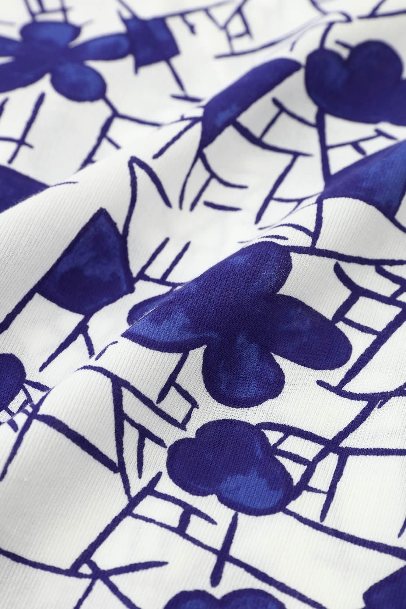 Chizimi Cotton 40/40 V-neck Shirt Elbow Length Sleeve / Underglaze cobalt blue, Plum Blossoms and Cracked-ice - recreation