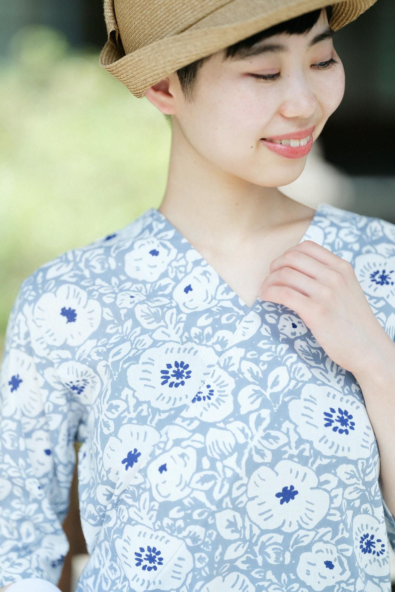 高島縮棉 40/40 V領上衣 六分袖/靜