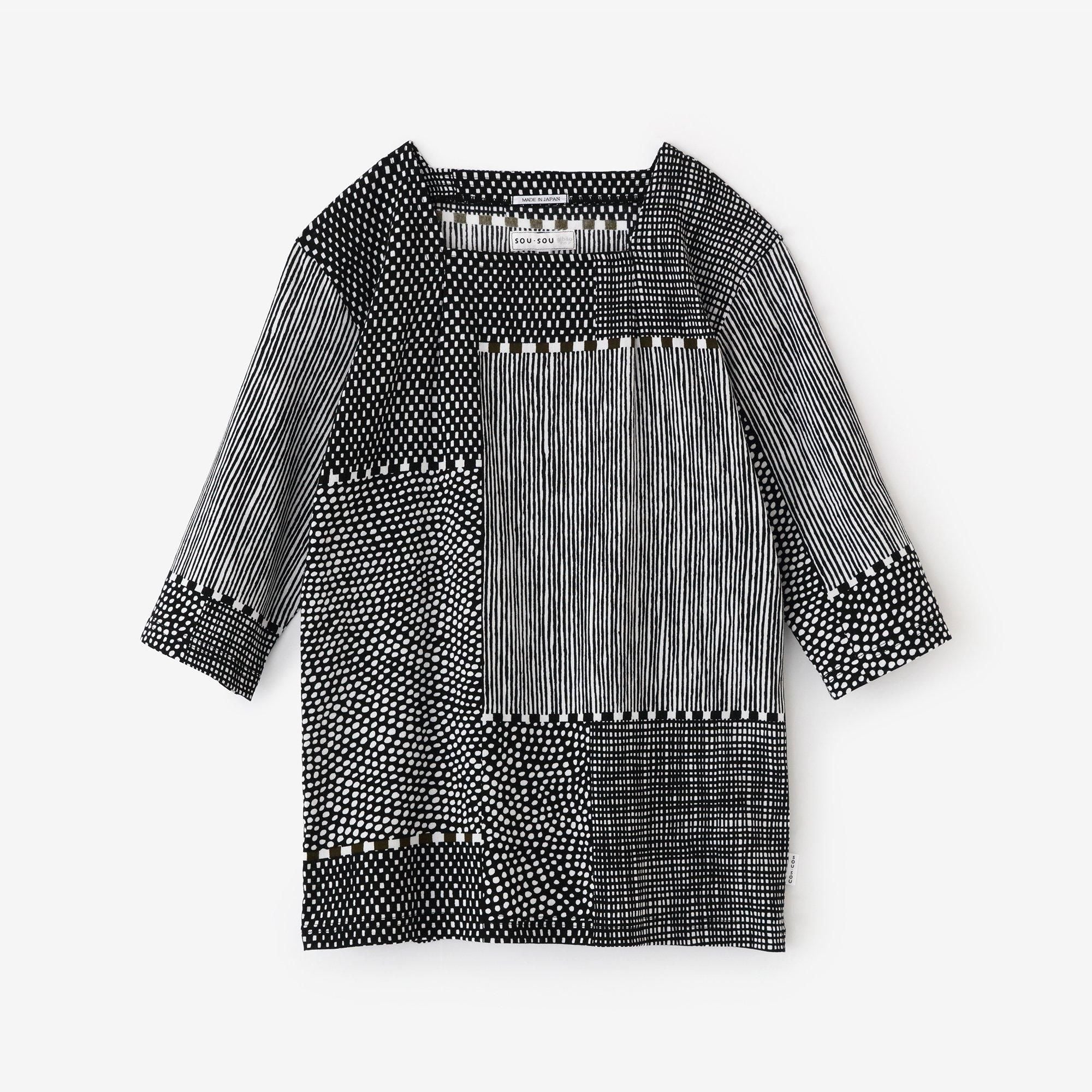 高島縮棉 40/40方領上衣六分袖/點線 墨黑色