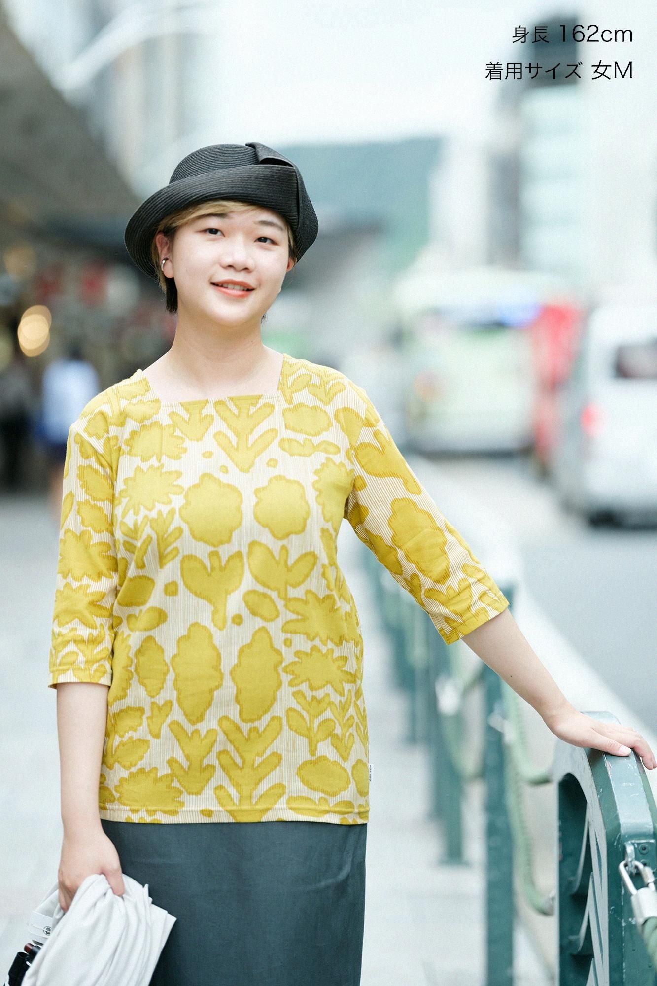 高島縮棉 40/40方領上衣六分袖/花影