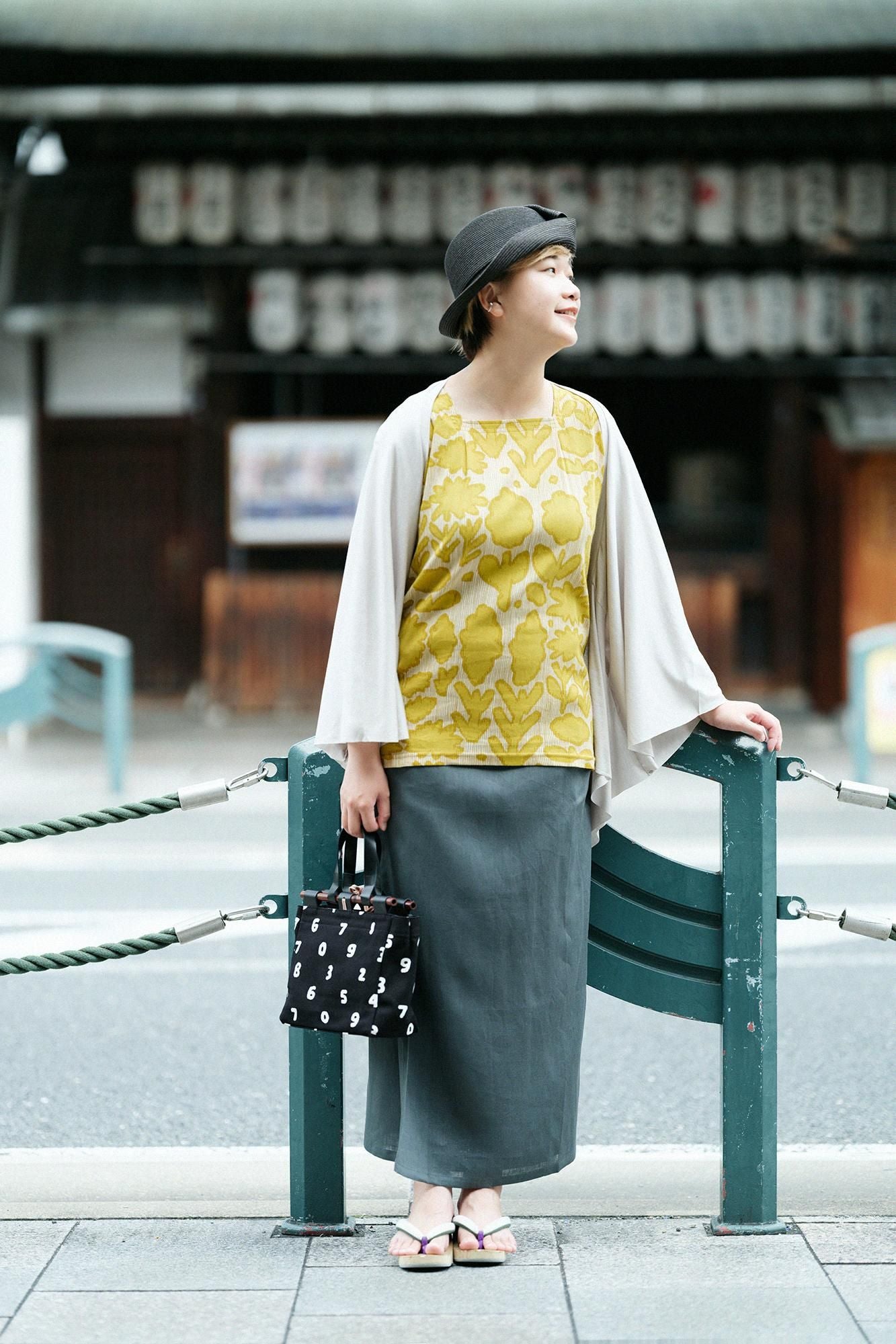 高島縮棉 40/40方領上衣六分袖/花影