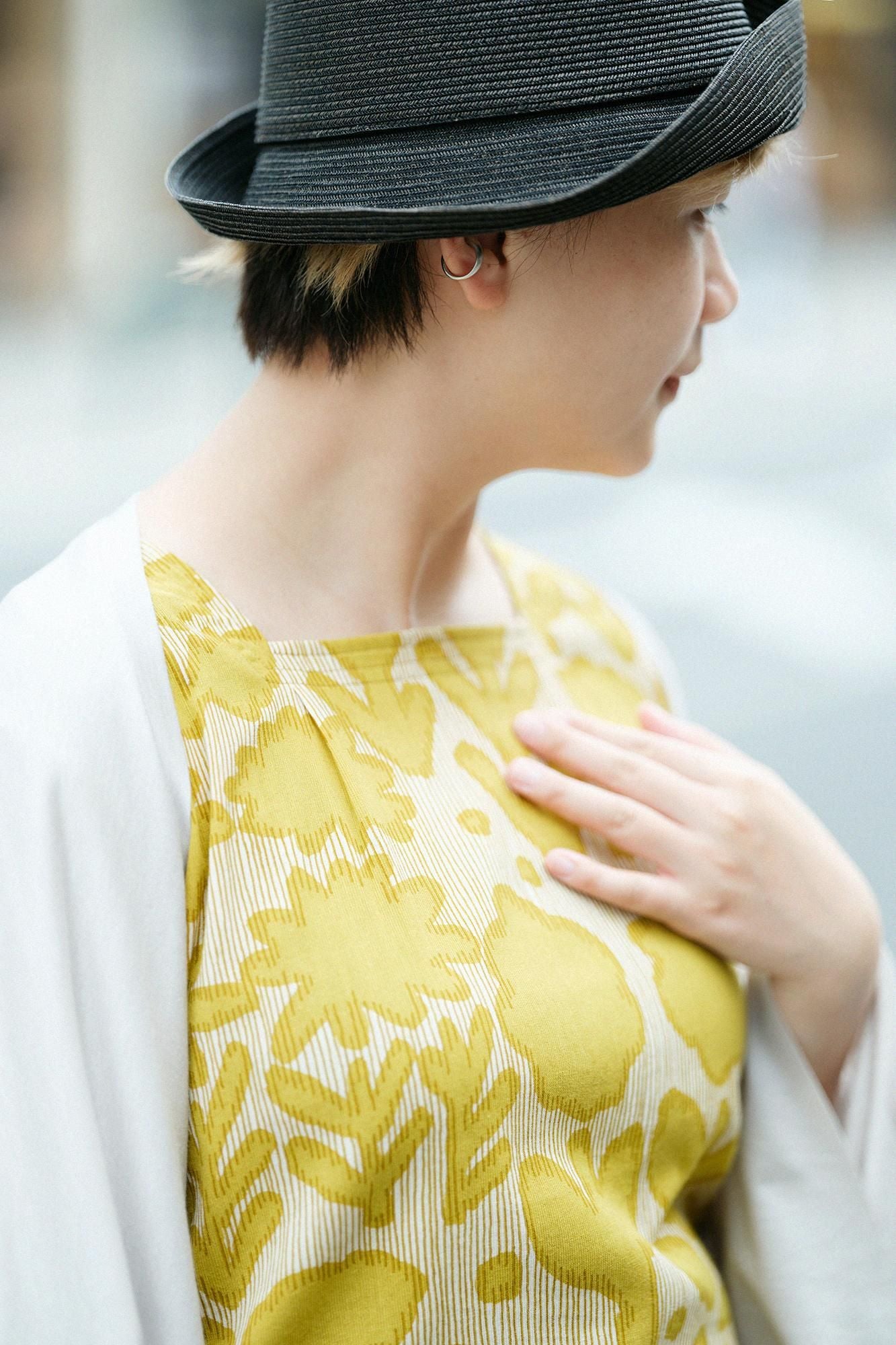 高島縮棉 40/40方領上衣六分袖/花影